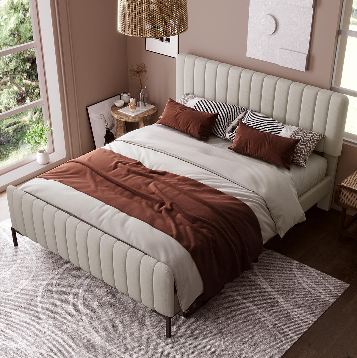 POLSTERBETT 180/200 cm Grau-Beige aus Leinen mit verstellbarem Kopfteil - Grau, Textil (180/200cm) - OKMYHOME