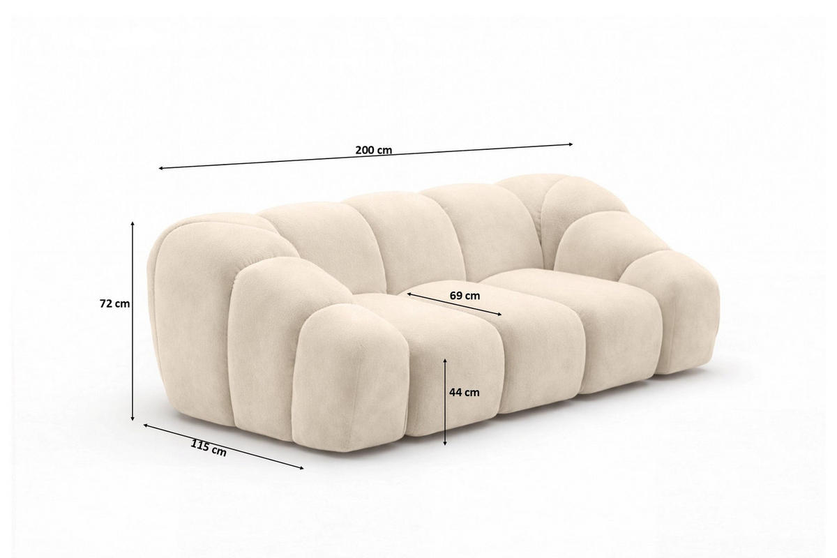 SOFA 2-Sitzer modular, Veloursstoff Bluvel, Creme, CROISSANT - Creme, Holz (200/72/115cm) - Kaiser Möbel