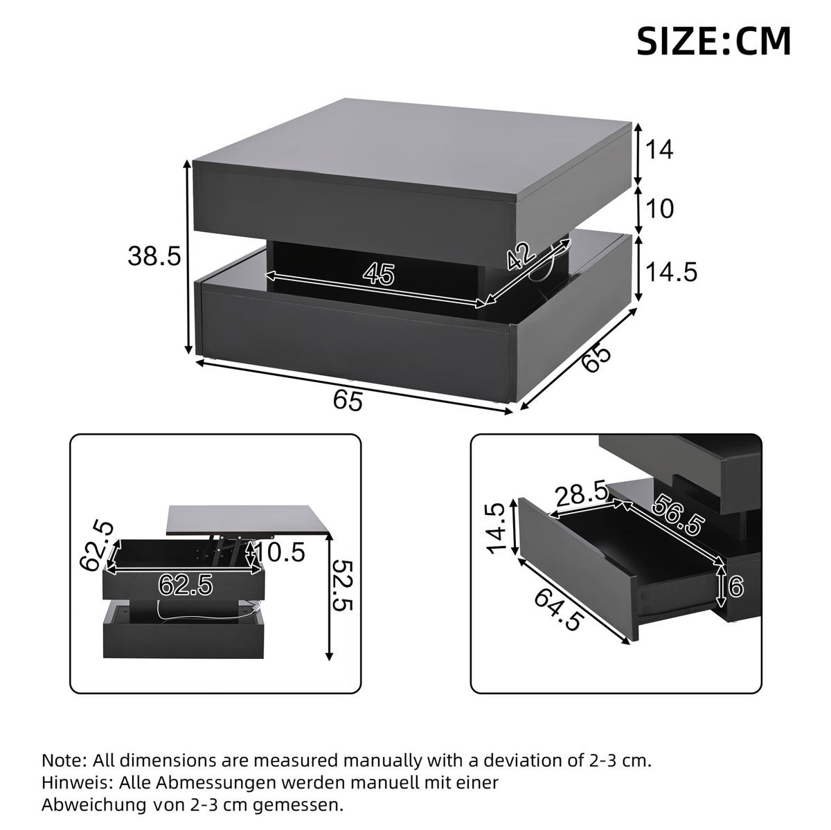 COUCHTISCH aus Spanplatte 65x65x38,5 cm Schwarz mit Hubfunktion, LED-Beleuchtung und 2 Schubladen - Schwarz, Holzwerkstoff (65/65/38.5cm) - IVMEU