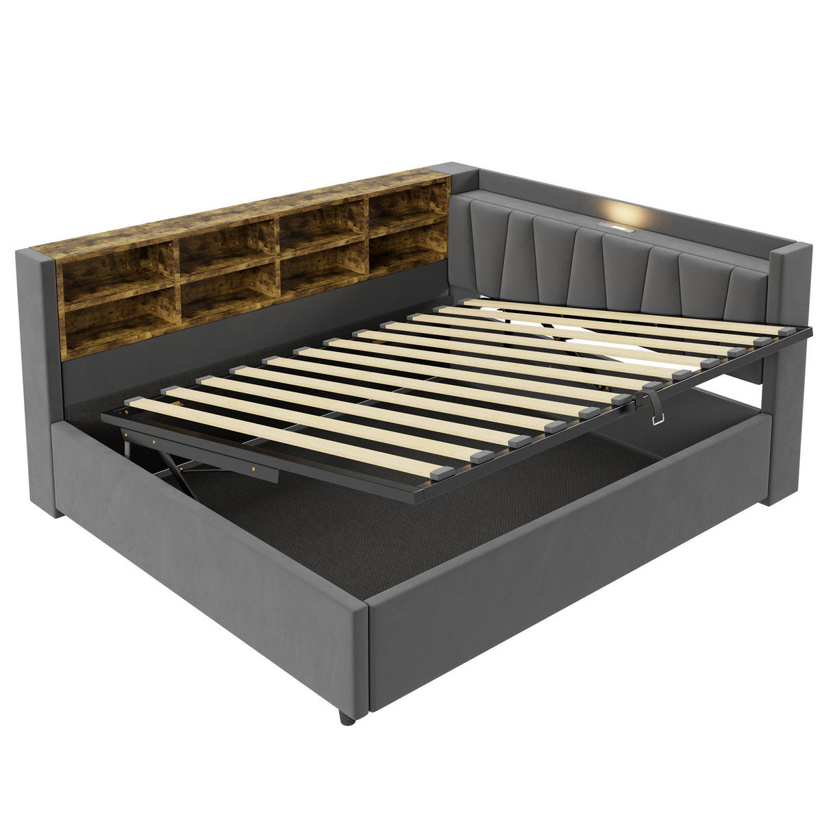 SCHLAFSOFA 140/200 cm in Dunkelgrau Samt mit Bettkasten, LED, USB, Type-C und Ablagen - Dunkelgrau, Holzwerkstoff/Textil (140/200cm) - WISHDOR