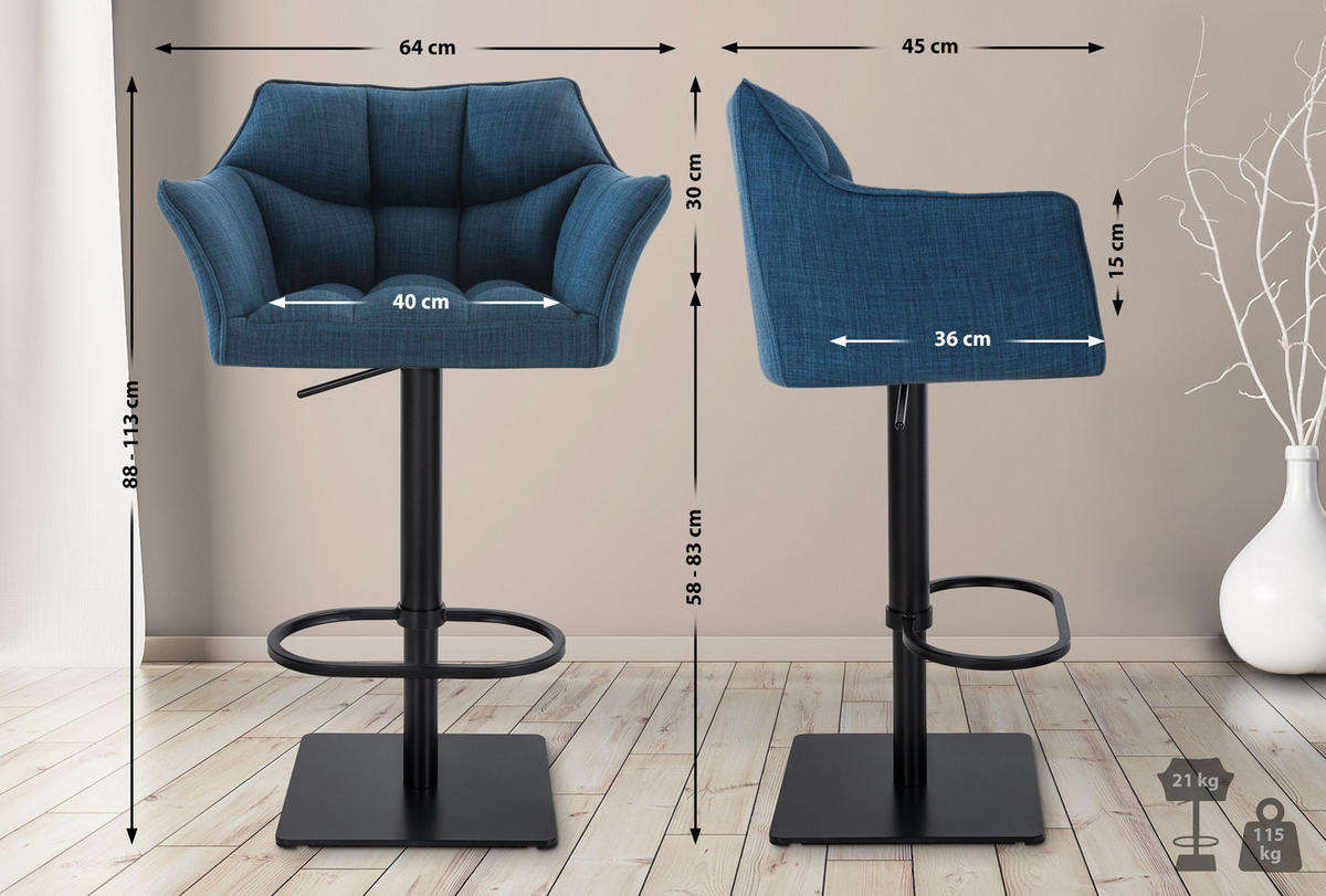 BARHOCKER 2er Set Damaskus Stoff schwarz blau - Blau/Schwarz, Textil/Metall (64/110/48cm) - TPFLiving
