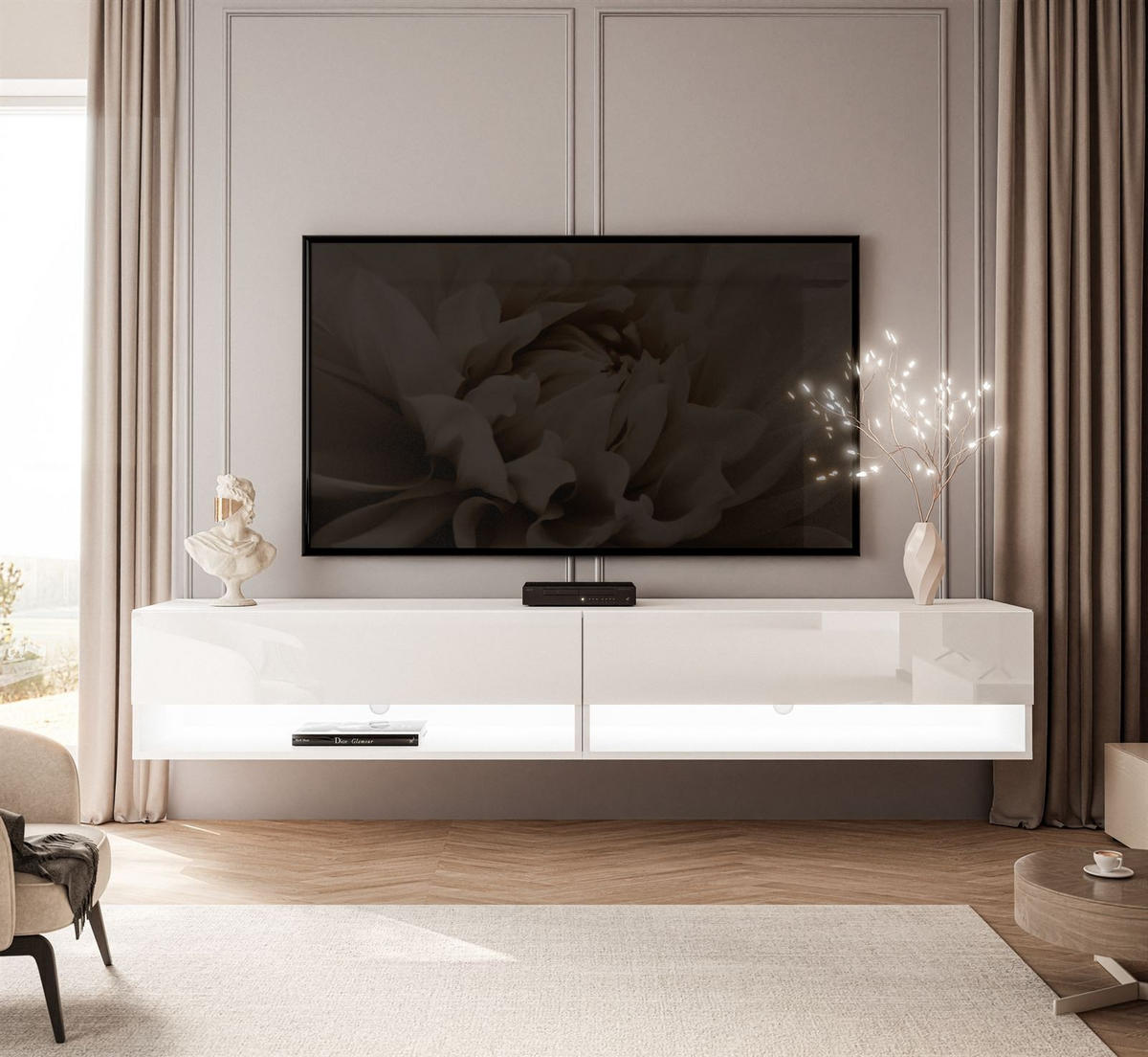 HÄNGESCHRANK TV-Möbel CALANTE 180 cm mit LED-Beleuchtung - Weiß Hochglanz, Holzwerkstoff (180/30/35cm) - Lookway