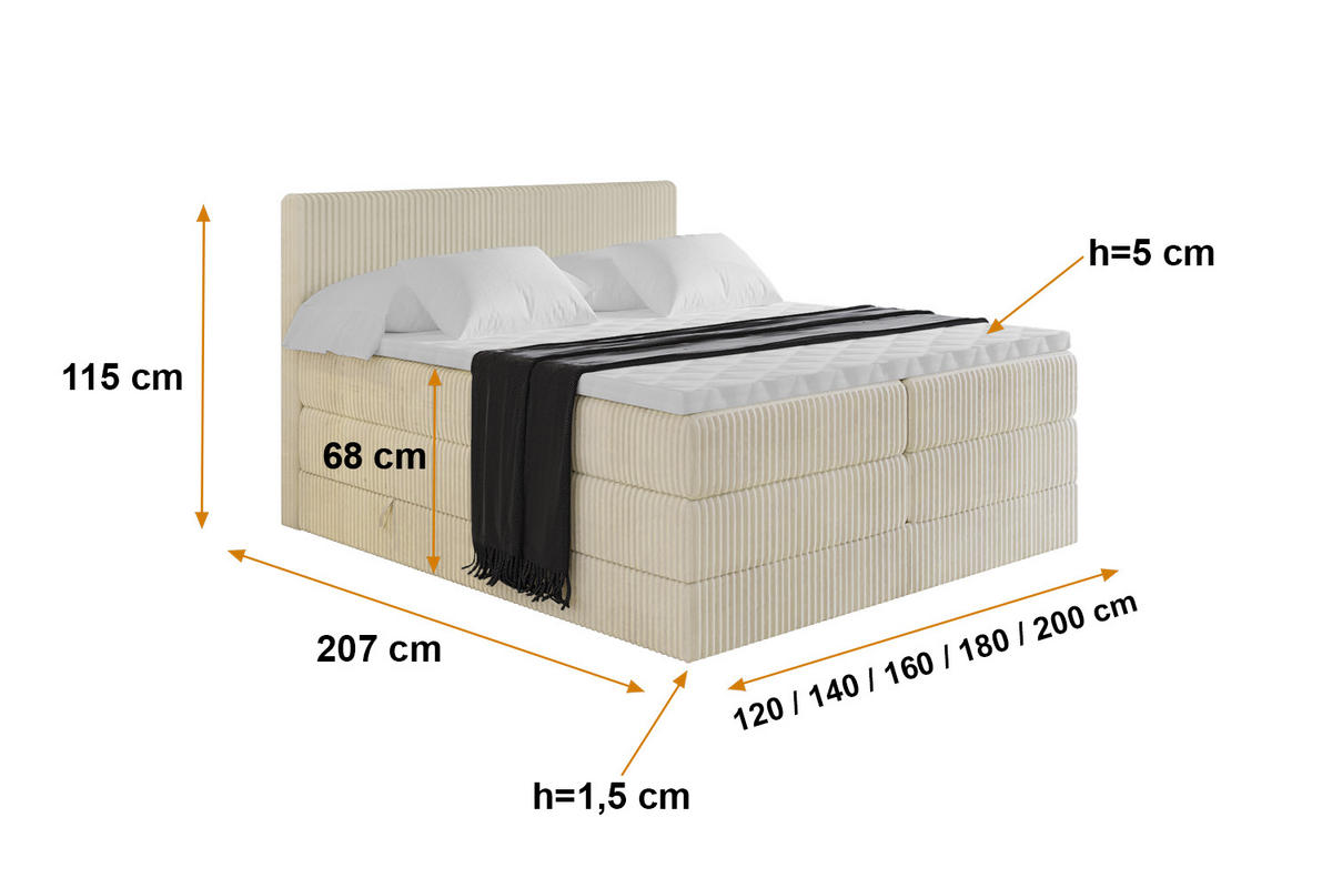 BOXSPRINGBETT mit Matratze H3|H4 und Lattenrost - TOLO KING 140x200 Cord - Creme - Champagner, Holzwerkstoff (140/200cm) - ALTDECOR