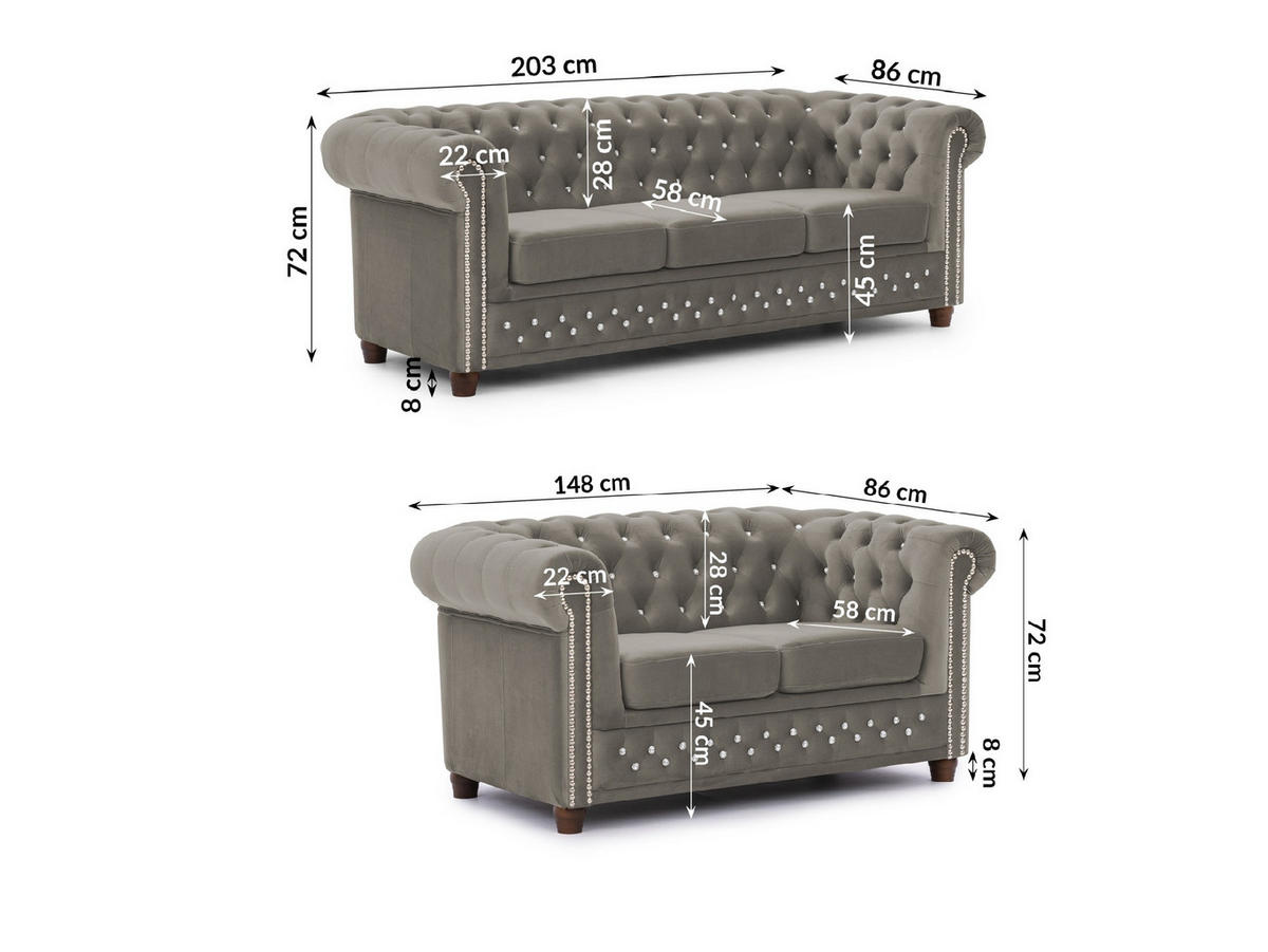 SITZGARNITUR 3+2 Chesterfield Cleo Blink Grau Samt mit Kristallsteppung und braunen Massivholzfüßen - Braun/Grau, Holz/Textil (203/72/86cm) - S-Style Möbel