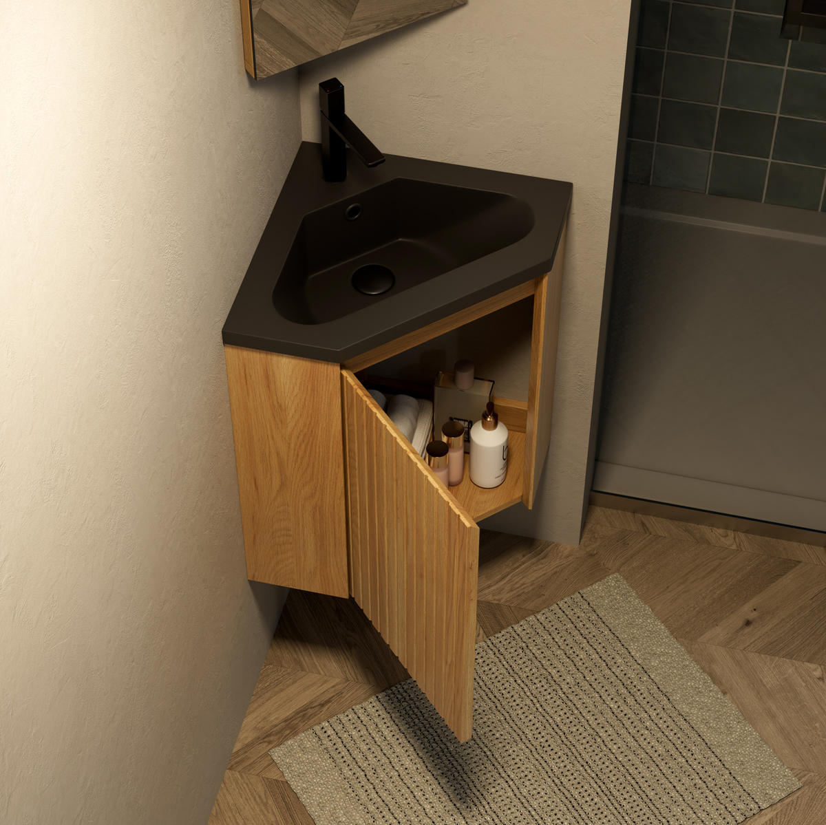 WASCHTISCHUNTERSCHRANK 54.5x38.5x52.4cm Schwarz/Naturholz mit Harzbecken - Naturfarben, Kunststoff (38.5/52.4/54.5cm) - Modfu