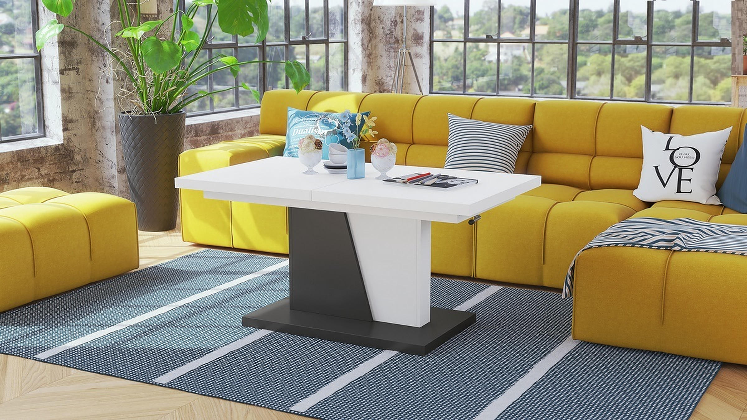 COUCHTISCH rechteckig Weiß matt - Anthrazit matt ausziehbar höhenverstellbar - Anthrazit/Weiß, Holzwerkstoff (70/120/60cm) - designimpex