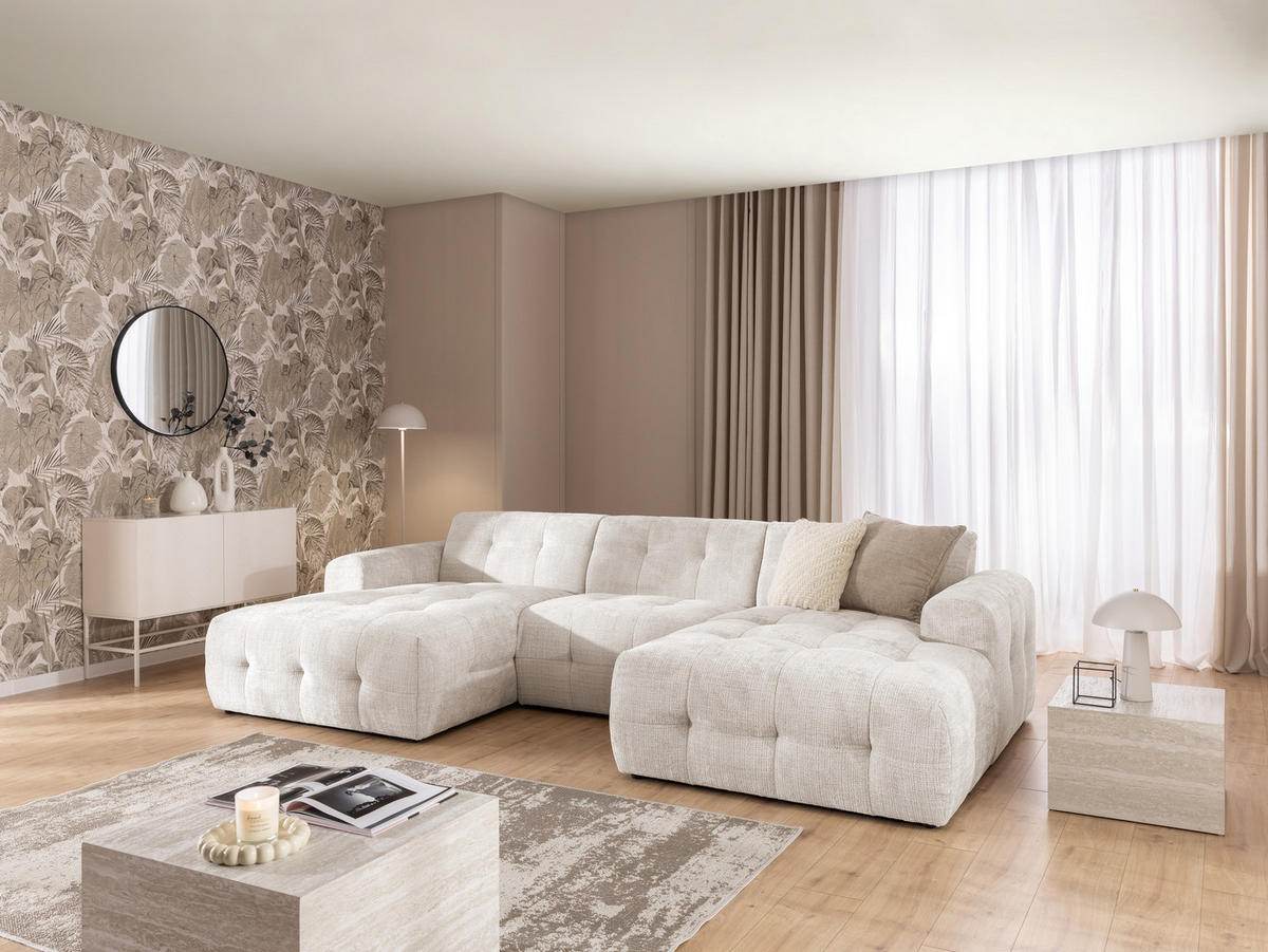 WOHNLANDSCHAFT Kozy im Bumpy-Design mit fester Rückenlehne aus weichem Beige Chenille-Stoff - Beige/Creme, Holz/Kunststoff (323/79/161cm) - S-Style Möbel