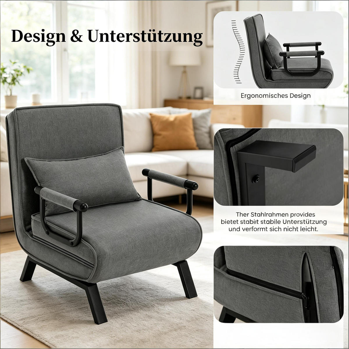 SCHLAFSESSEL 3-in-1, 5-fach verstellbar, DE-42146, Grau - Grau, Metall (75/78/65cm) - ComfortXL