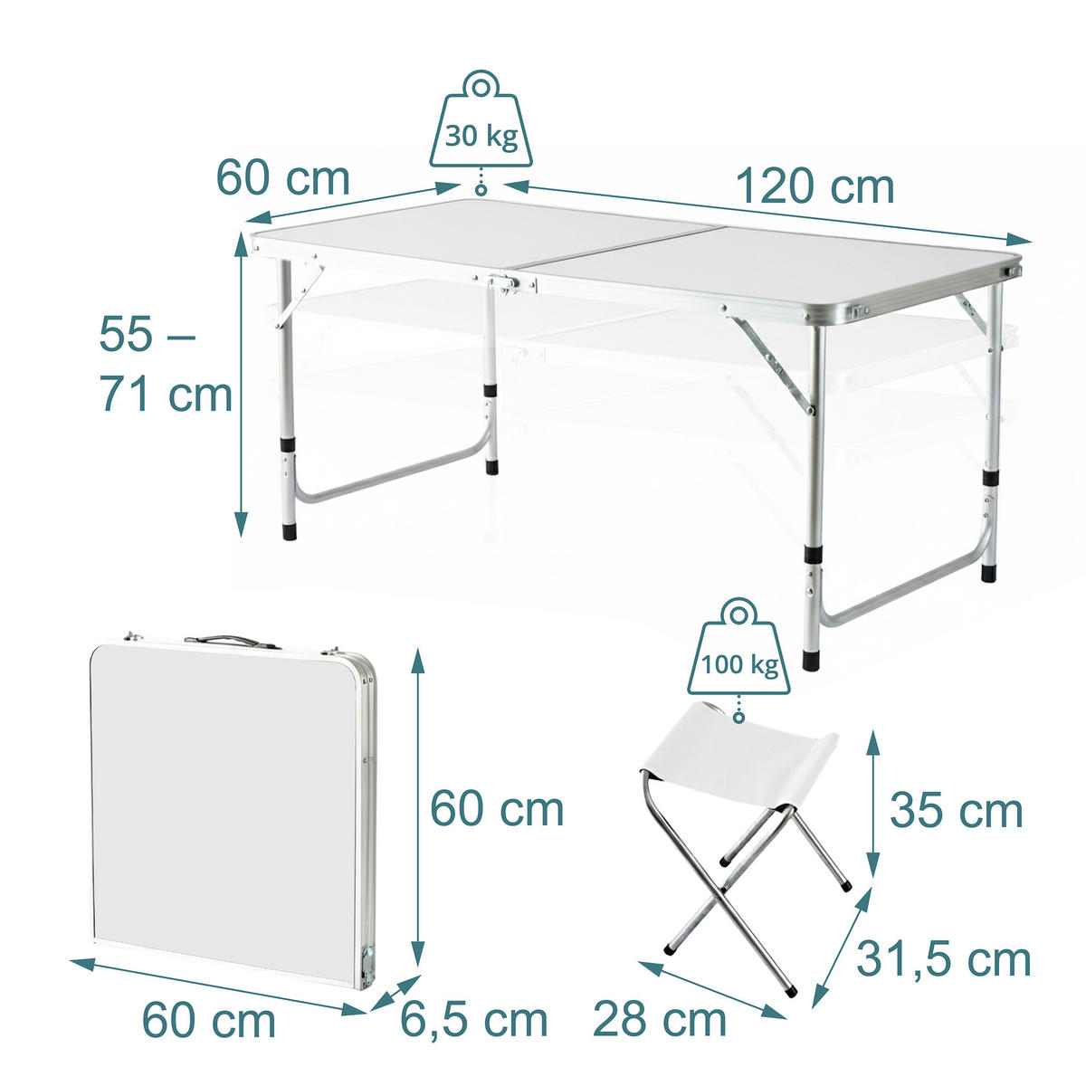 CAMPINGTISCH-SET - Weiß, Holzwerkstoff/Textil (60/120/71cm) - Relaxdays