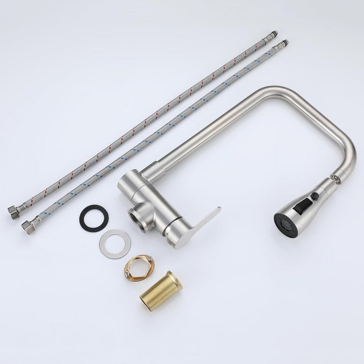 KÜCHENARMATUR klappbar für Vorfenstermontage, 4 Strahlarten, 304 Edelstahl gebürstet - Silberfarben, Metall (14.5/38/21cm) - TVTIUO
