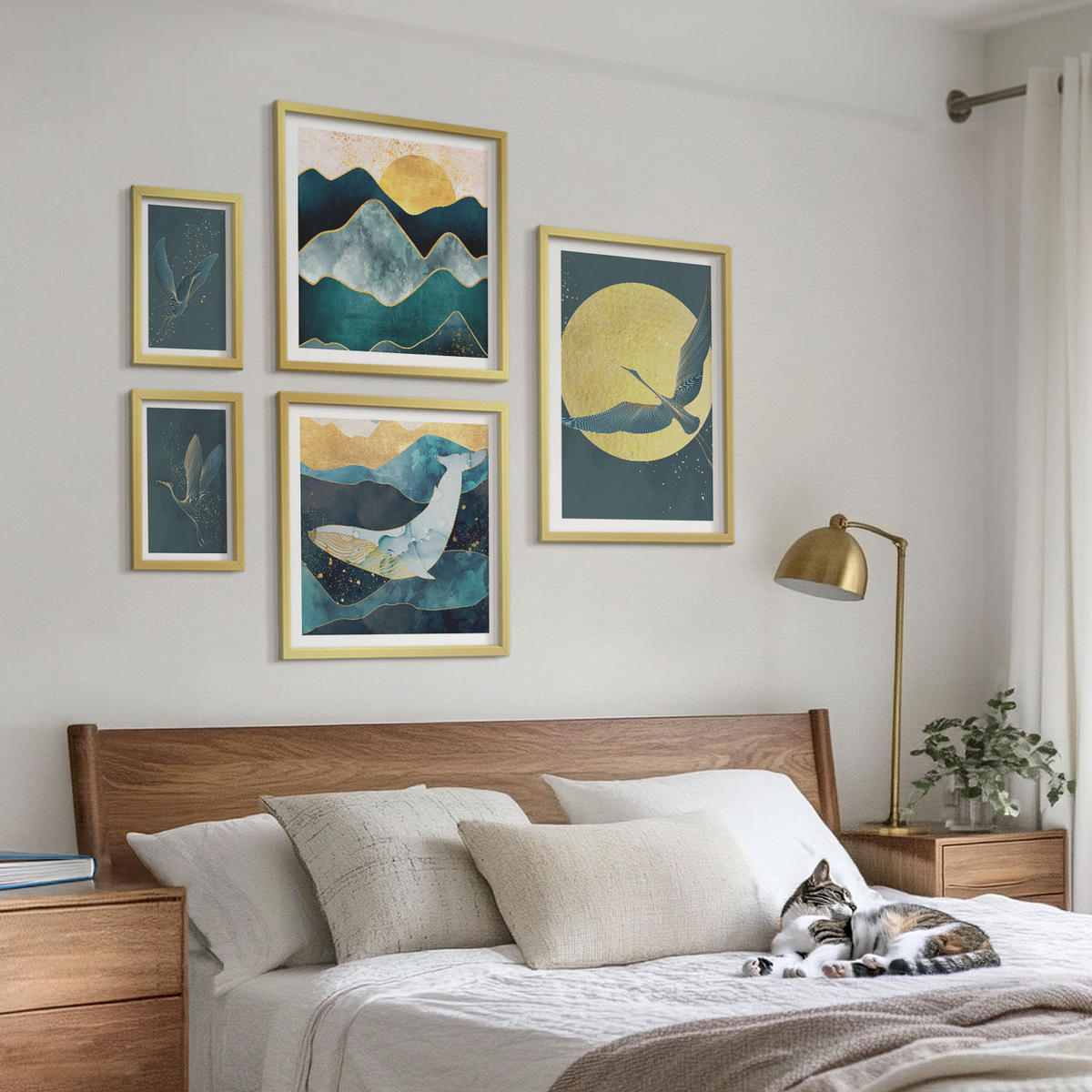 WANDBILDER 5er Set - 50x50 cm & 20x30 cm & 40x60 cm Goldrahmen - Vögel, Kraniche, Mond, Berge - Goldfarben, Kunststoff (40/60cm) - ArtPrintCave