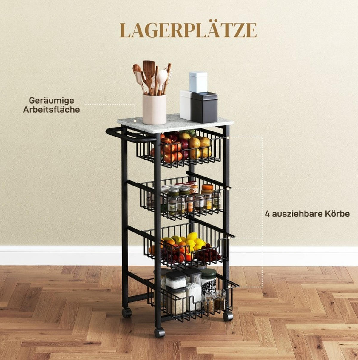 SERVIERWAGEN 49,5/31/91 cm in Hellgrau mit 4 Körben und Rollen - Grau, Holz (49.5/91/31cm) - Flora Grace