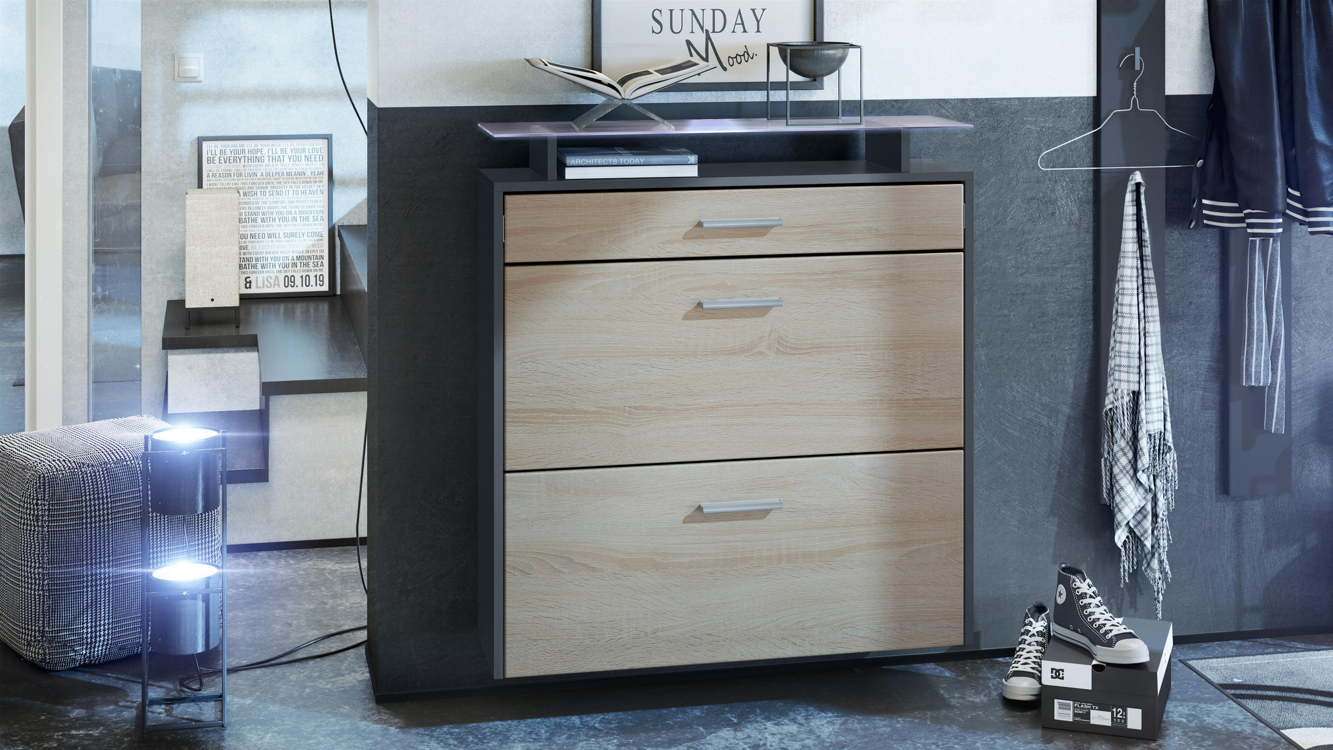 SCHUHSCHRANK Malea Fronten in Eiche sägerau - Eiche San Remo, Holzwerkstoff (89/96/23cm) - Vladon