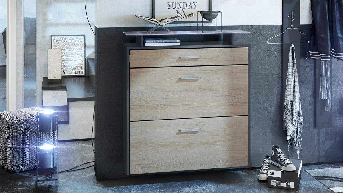 SCHUHSCHRANK Malea Fronten in Eiche sägerau - Eiche San Remo, Holzwerkstoff (89/96/23cm) - Vladon