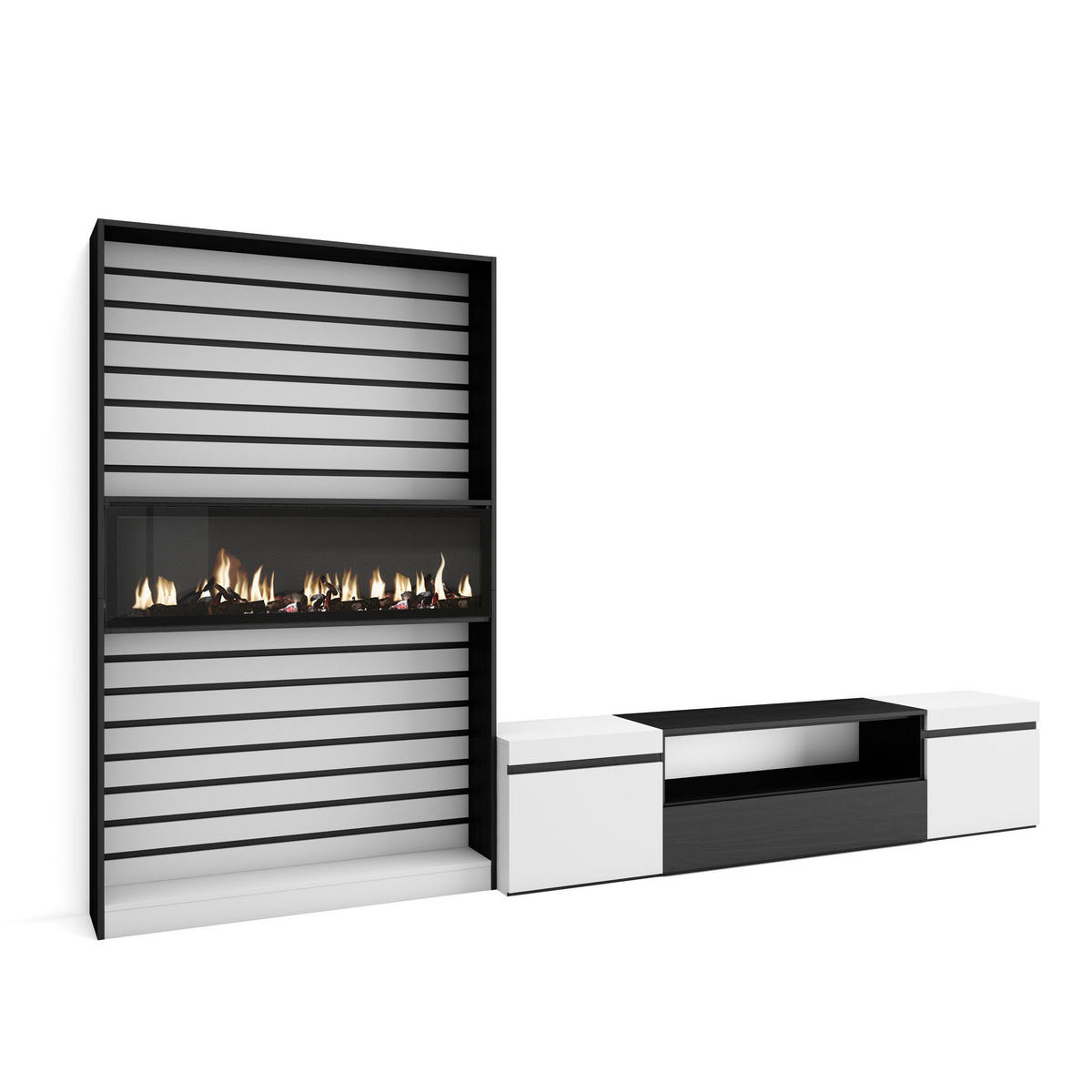 WOHNWAND Wohnzimmer, weiß und schwarz, Elektrokamin,, 310/35/186cm - Schwarz/Weiß, Holzwerkstoff (310/186/35cm) - Skraut Home