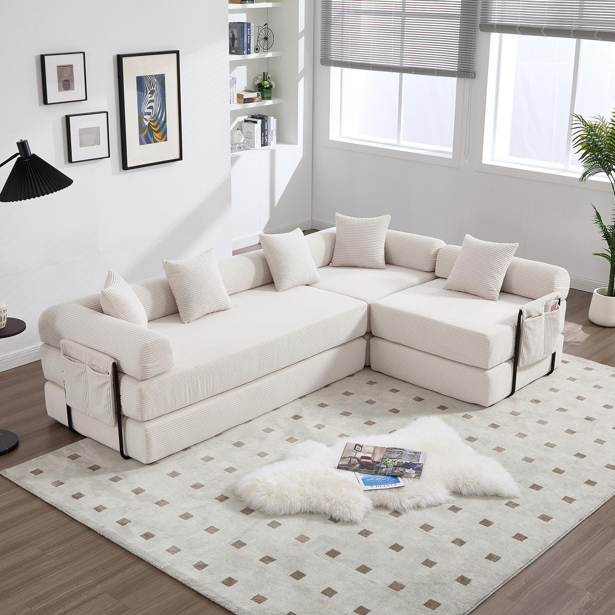 SCHLAFSOFA 270/180/64 cm Beige mit Integrierte Seitentaschen - Beige, Textil (270/64/180cm) - Oxeza