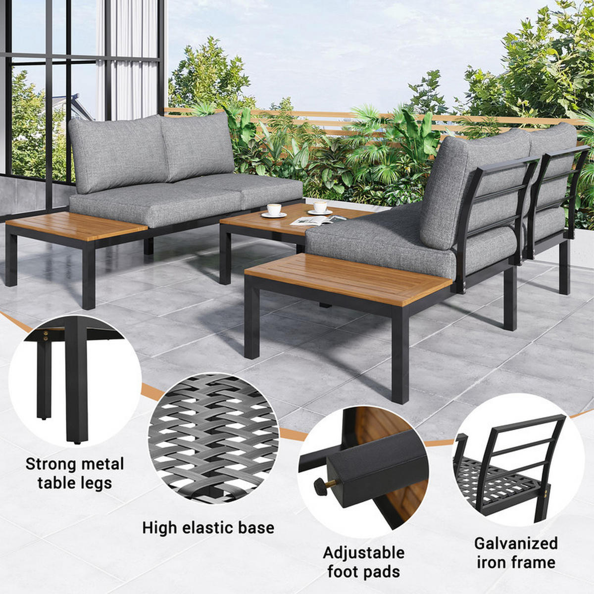 GARTENLOUNGE-SET GRAU 2 Zweisitzer mit Akazien-Tisch und Stoffbezug - Grau, Textil - BLACKCUP