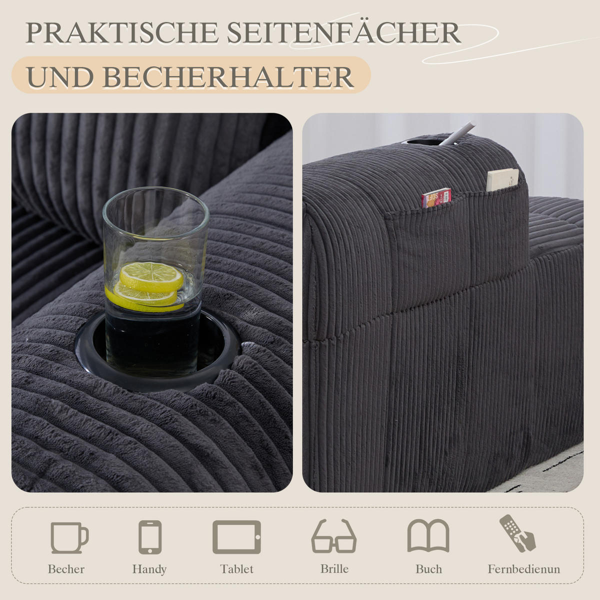 SOFA od samta, 158/93/61 cm tamnosiva, s bočnim džepovima i držačima za piće - tamno siva, tekstil (93/61/158cm) - BEAOK