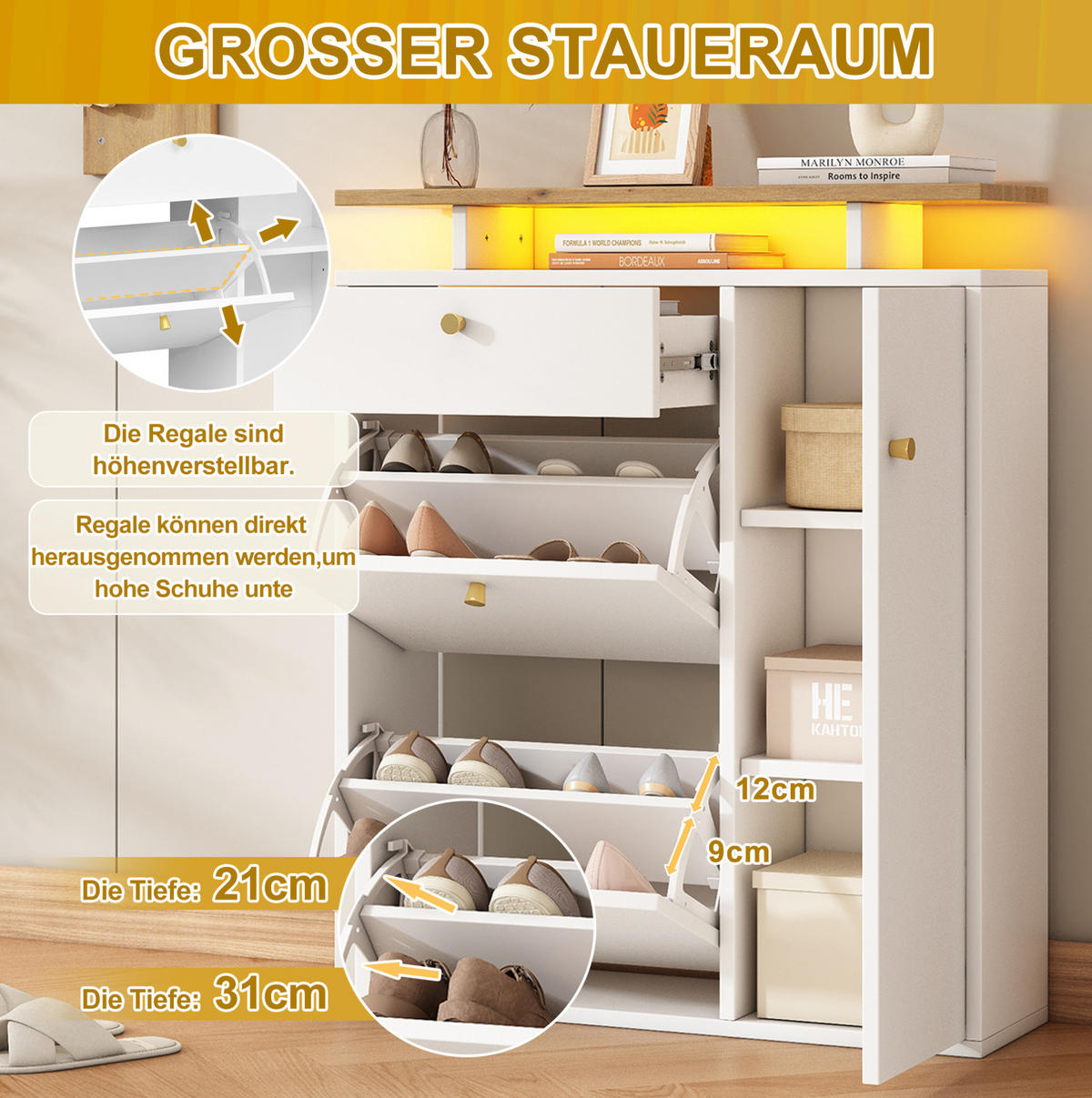 GARDEROBENSET 105/25/151,5 cm mit LED-Beleuchtung, Spiegel, Schuhschrank und 4 Haken aus Spanplatte, Weiß - Weiß, Holzwerkstoff (105/151.5/25cm) - Redom