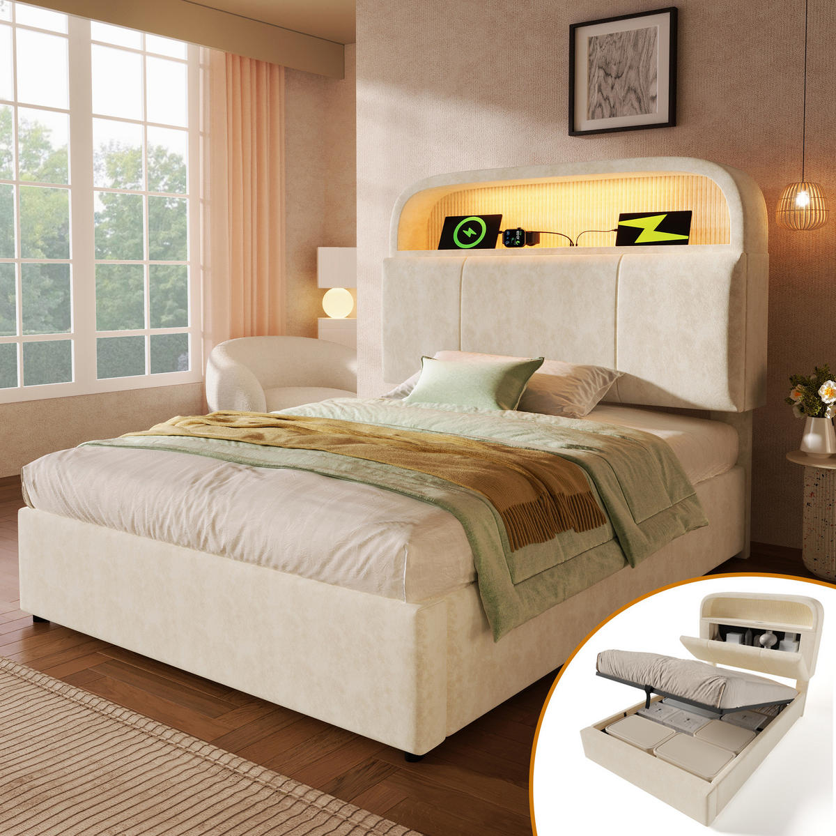POLSTERBETT 90/200 cm Beige aus Samt mit Stauraum-Kopfteil - Beige, Textil (90/200cm) - OKMYHOME