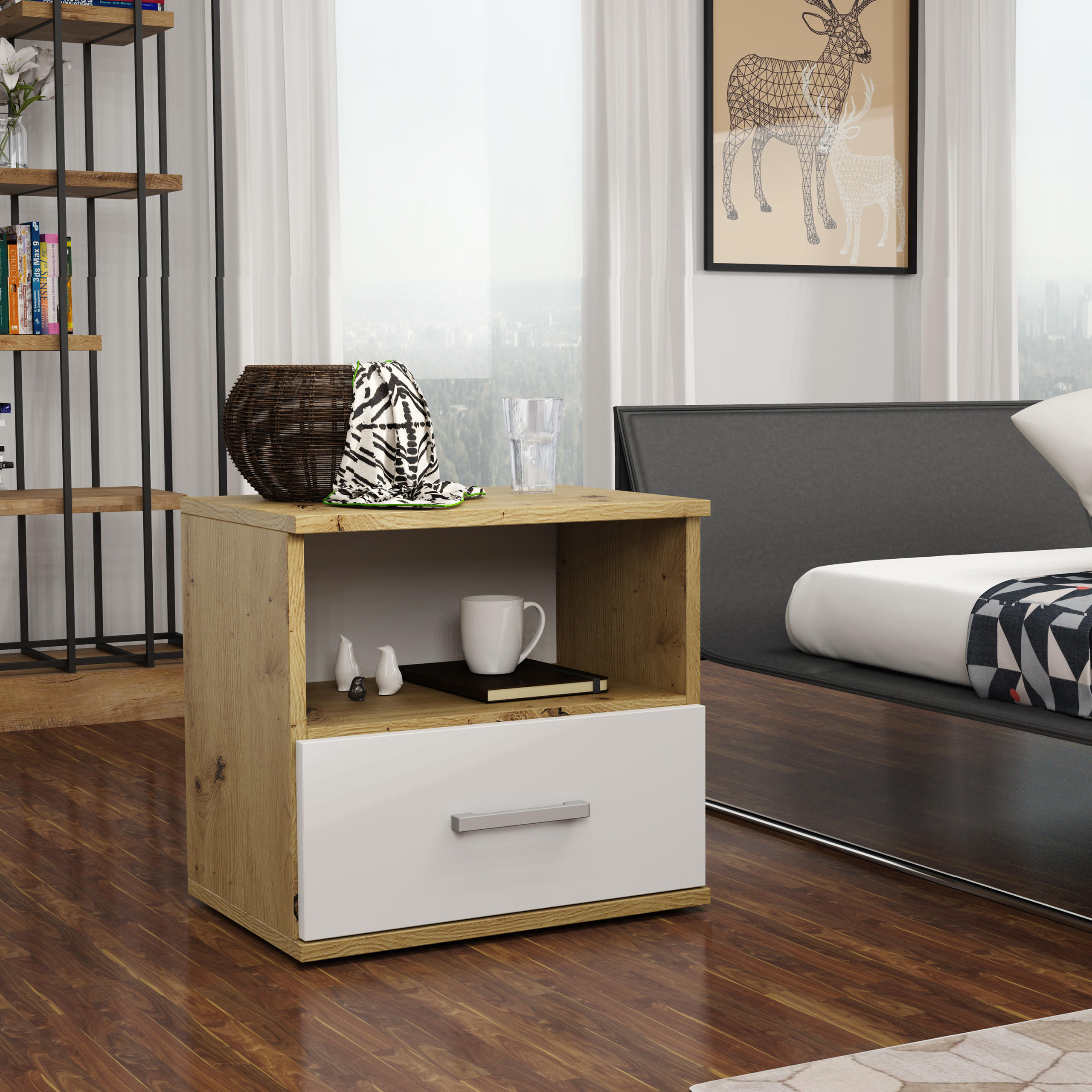 NACHTTISCH NOCTA 48/50/35 cm Weiß - Eiche Artisan/Weiß, Holzwerkstoff (48/50/35cm) - MASSENO