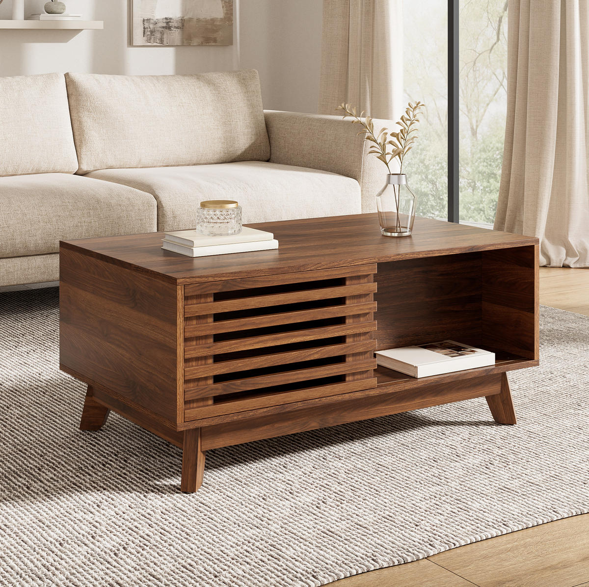 COUCHTISCH 90/55/57.5 cm in Walnuss aus MDF mit höhenverstellbarer Tischplatte - Nussbaumfarben, Holzwerkstoff (90/55/57.5cm) - OKMYHOME