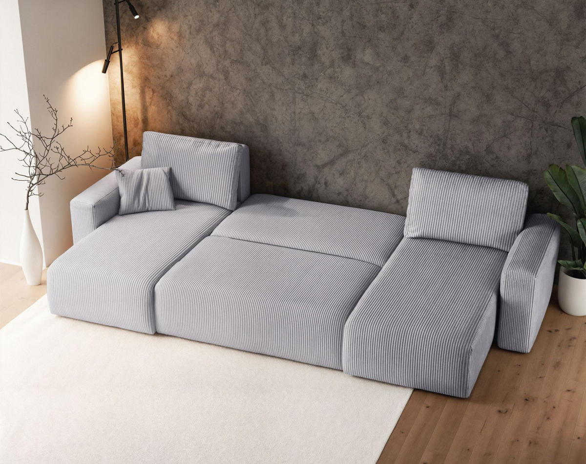 WOHNLANDSCHAFT Pianoni Hellgrau Cordbezug - Hellgrau/Schwarz, Kunststoff/Textil (312/83/140cm) - Selsey