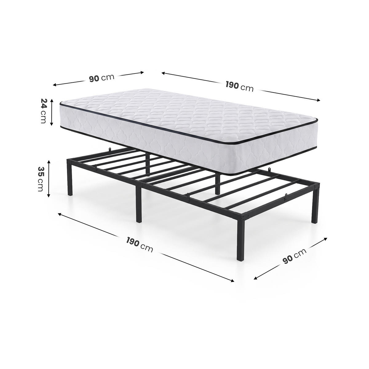 METALLBETT Klappbares mit Matratze 90x190 cm Schwarz - Schwarz, Metall - Akord