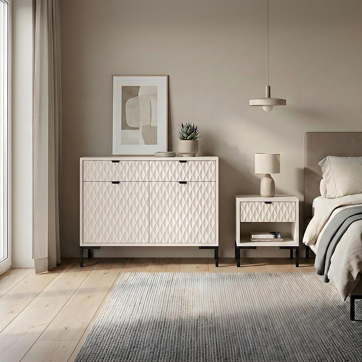 NACHTTISCH Montreal mit Schublade und offenem Fach, dekorative 3D-Fronten, Kaschmir - Kaschmir/Schwarz, Holzwerkstoff/Metall (52/55/40cm) - Beautysofa