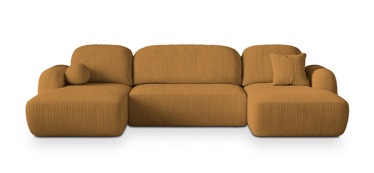 WOHNLANDSCHAFT SAVONA P Gelb Kordstoff mit Schlaffunktion - Gelb, Holz (320/90/148cm) - MASSENO