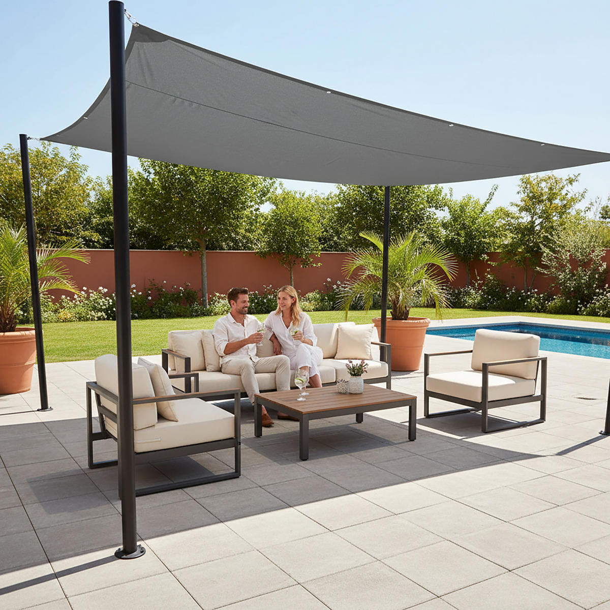 SLUNEČNÍ kryt - šedá, kov/textil (600/400cm) - Relaxdays