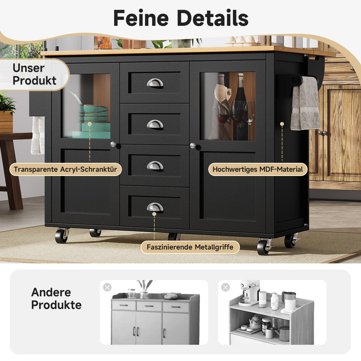 KÜCHENINSEL 137.9x73x92.5cm Schwarz mit Doppeltüren & 4 Rollen - Schwarz, Holzwerkstoff (137.9/92.5/73cm) - Modfu