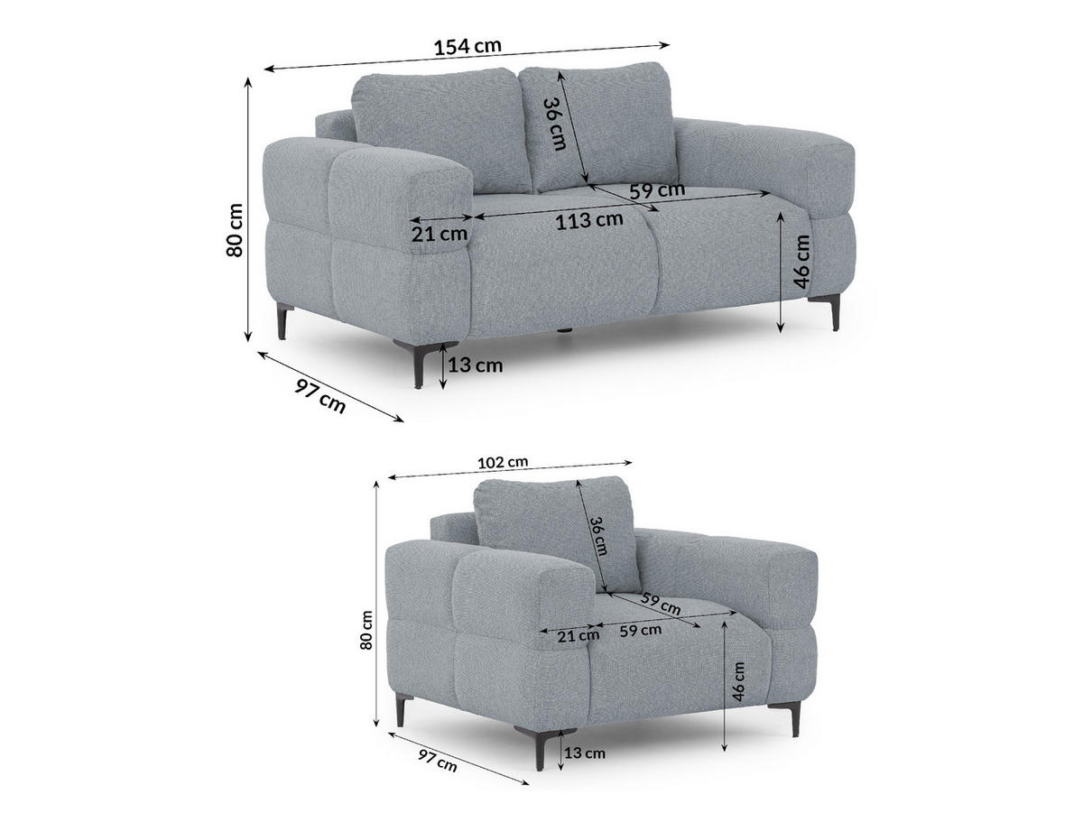 SITZGARNITUR 2+1 Cardea in Bubble-Optik aus weichem Grau Strukturstoff mit hohem Sitzkomfort - Schwarz/Grau, Holz/Textil (154/80/97cm) - S-Style Möbel