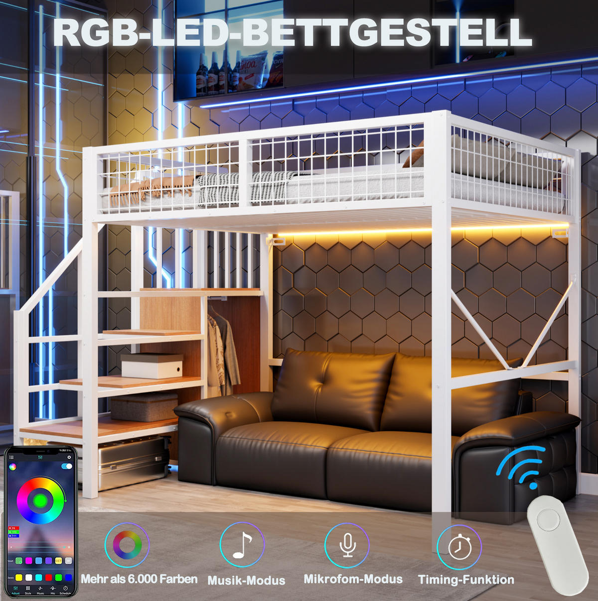 HOCHBETT aus Metall und Holz 140x200 cm Weiß mit Stauraumleiter, Kleiderstange und LED-Beleuchtung - Weiß, Metall (140/200cm) - Modfu