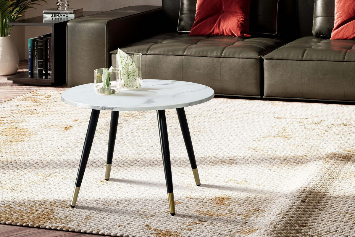 COUCHTISCH mit Marmor Optik, Modernes Design, Metall-Gestell, Runde Form, Weiß 60x60x41 cm - Goldfarben/Weiß, Holzwerkstoff/Metall (60/60/41cm) - KADIMA DESIGN