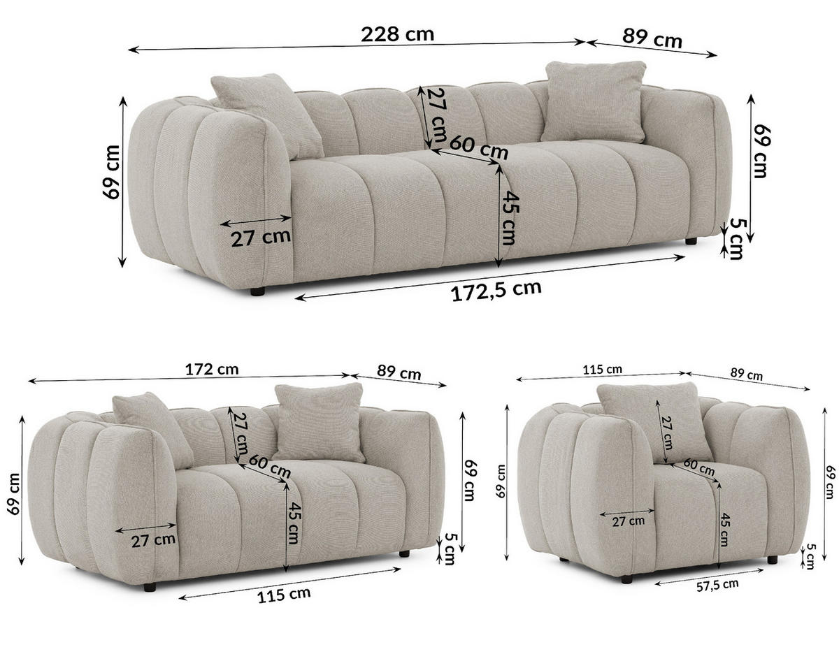 SITZGARNITUR 3+2+1 Nubira in tief gesteppter Bubble-Optik aus weichem Taupe Strukturstoff im modernen Design - Taupe/Schwarz, Holz/Kunststoff (228/69/89cm) - S-Style Möbel
