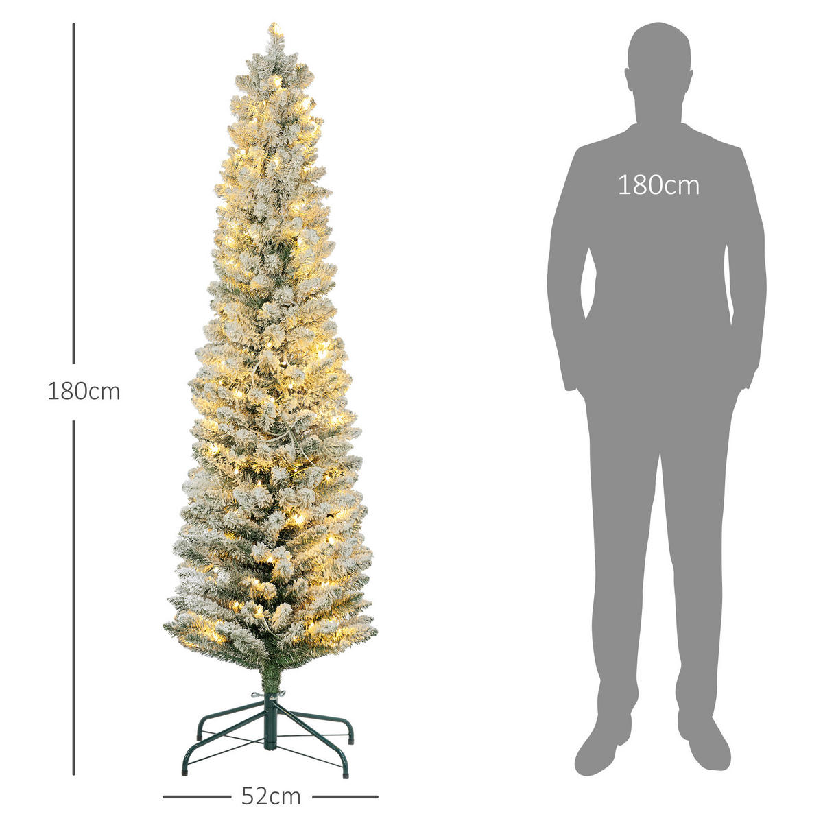 KÜNSTLICHER Weihnachtsbaum, 180 cm Christbaum mit 150 LED-Lichten flammhemmend - Weiß/Grün, Kunststoff/Metall (180cm) - HOMCOM
