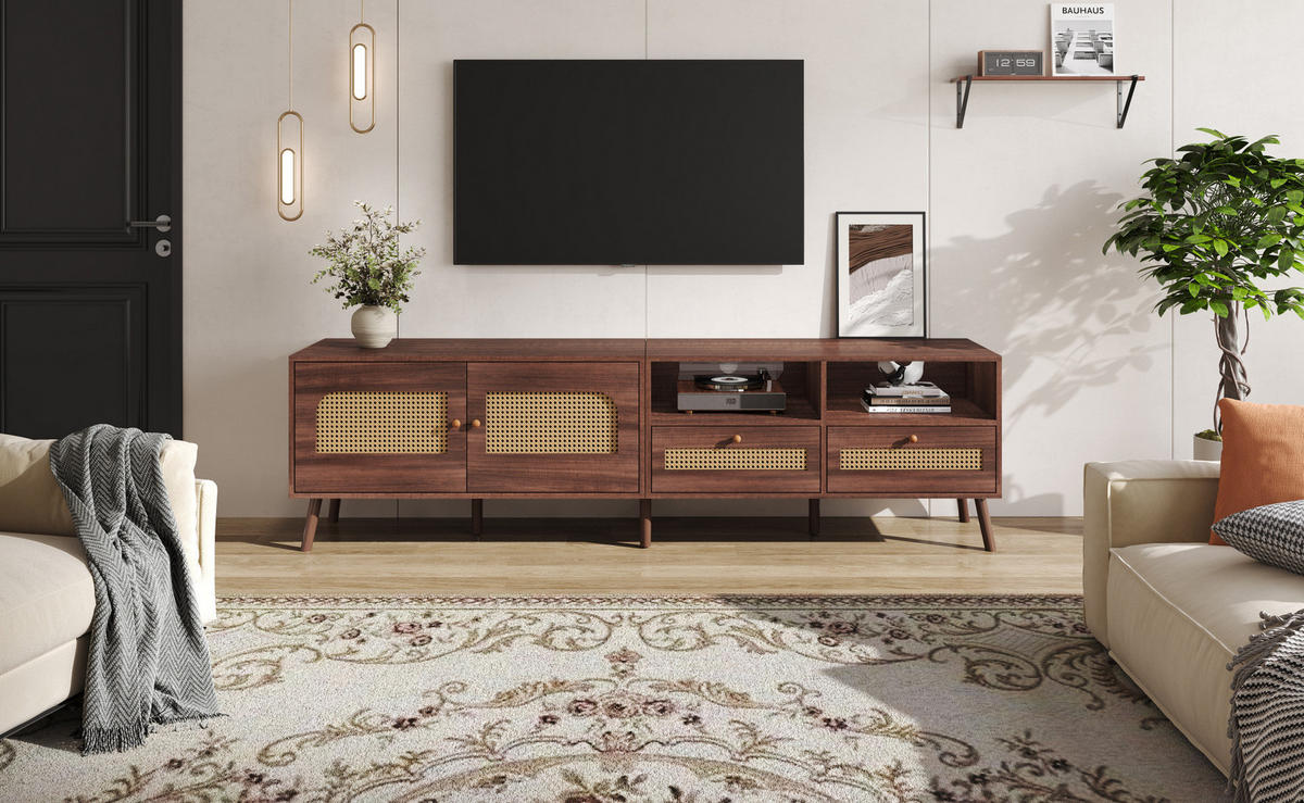 TV-LOWBOARD in Braun mit 2 Rattantüren und 2 Schubladen 200/37/49.5 cm - Braun, Holzwerkstoff (200/49.5/37cm) - Redom