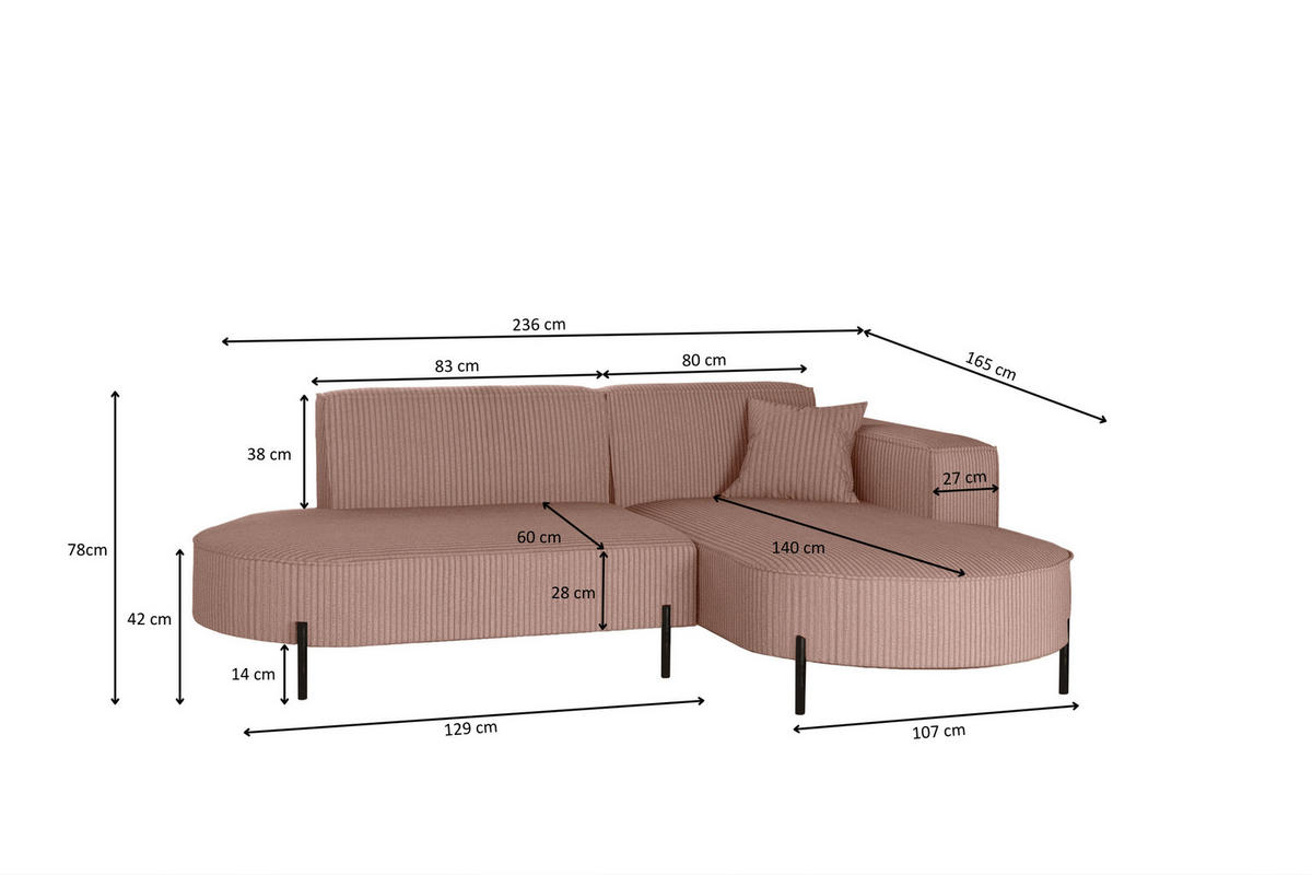 ECKSOFA L-Form Designer Modena Rein stoff Cord Rosa Rechts - Rosa, Holzwerkstoff (236/165cm) - Kaiser Möbel