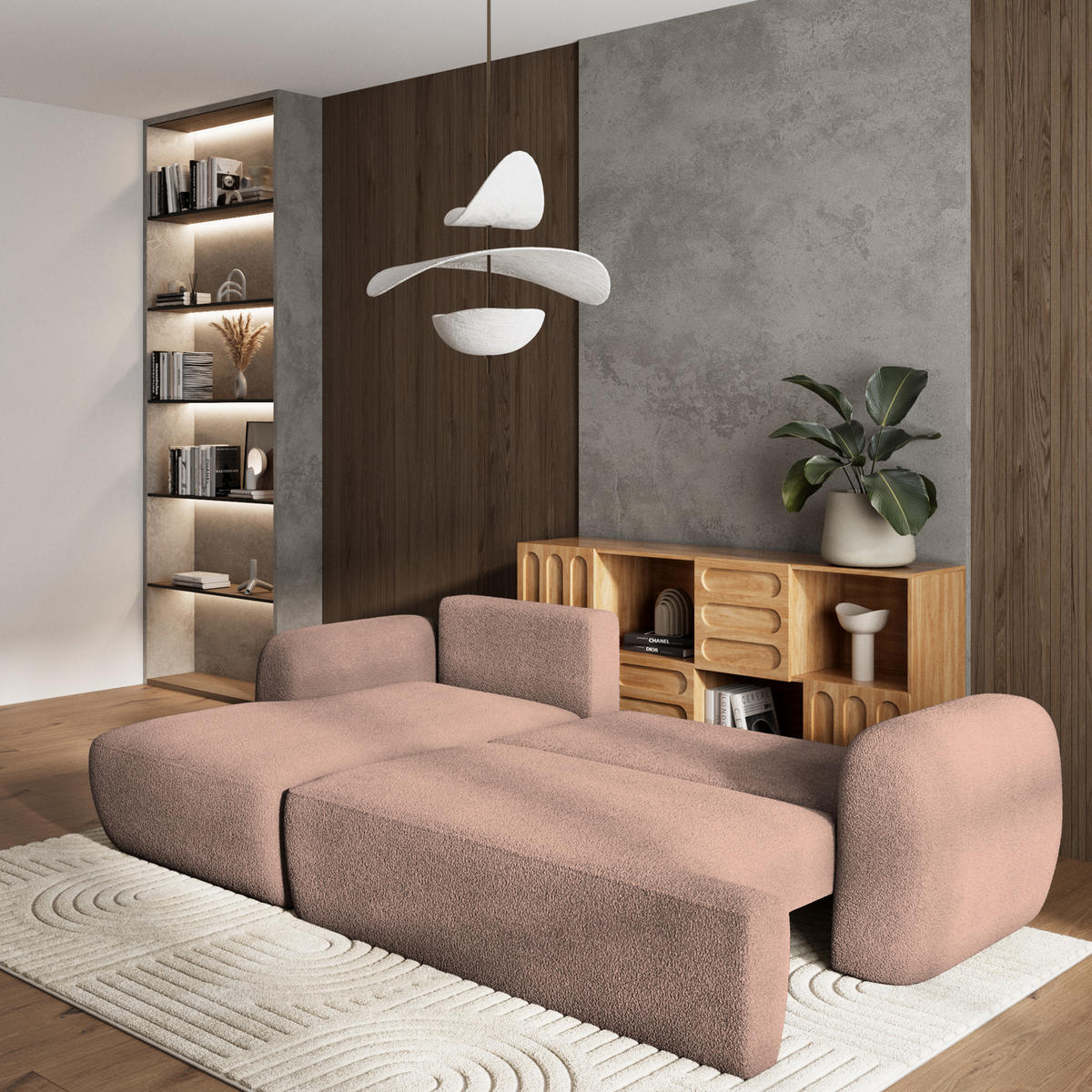 ECKSOFA MODENZA N L-S Rosa Boucle-Stoff mit Schlaffunktion - Rosa, Holz (266/148cm) - MASSENO