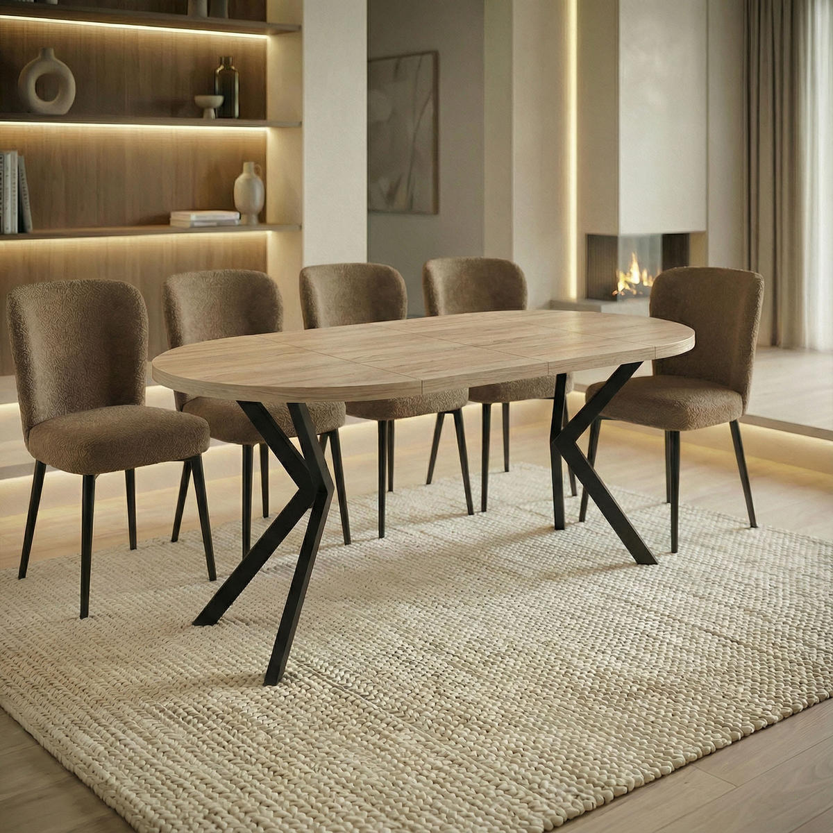 ESSTISCH Valeo runder ausziehbarer, Sonoma Eiche 120-200/120/76 cm - Schwarz/Sonoma Eiche, Holzwerkstoff/Metall (120/120/76cm) - WFL GROUP