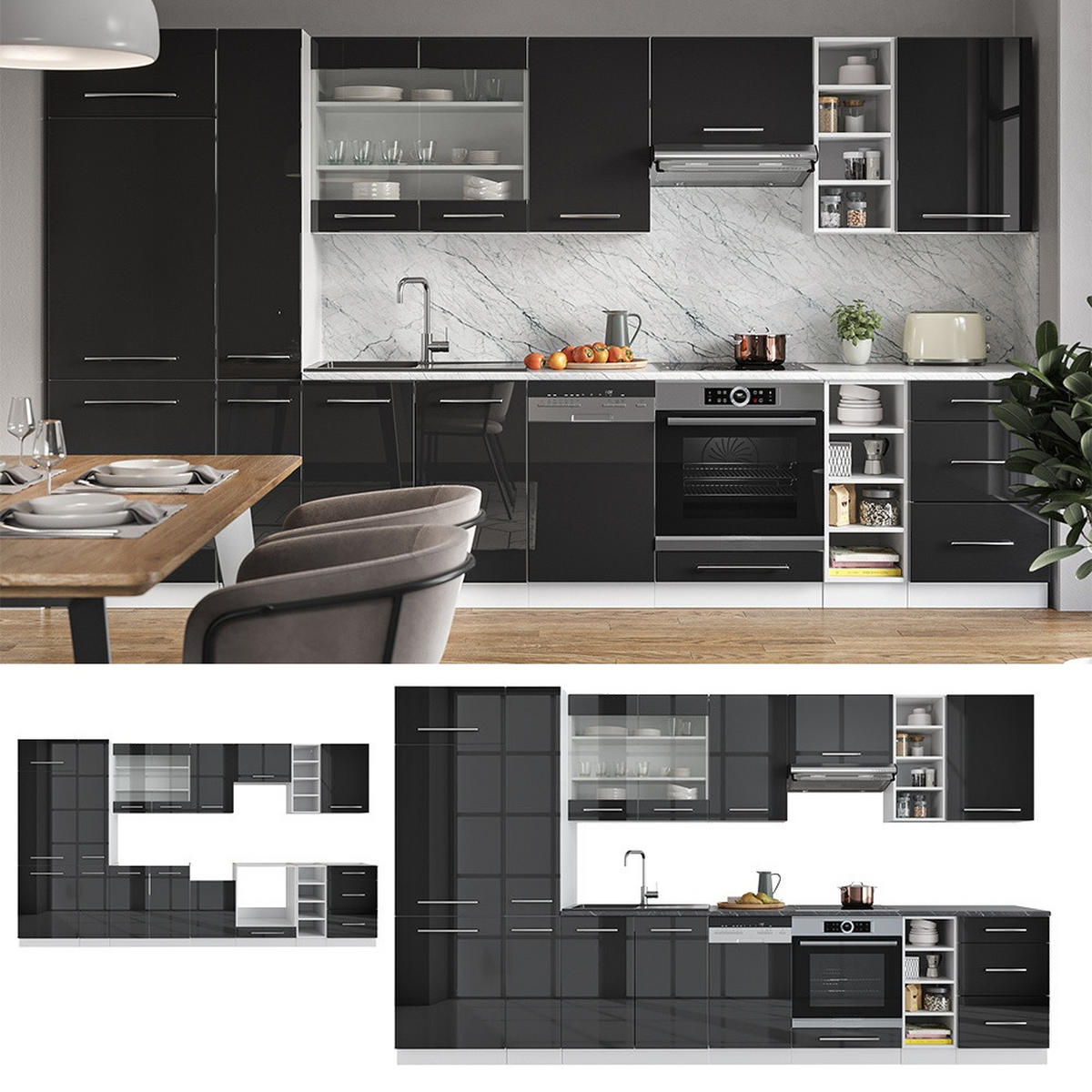 KUHINJSKI BLOK Fame-Line Antracit visok sijaj/bela 355 cm , DP Antracit - črna/bela, leseni material (355/206.8/60cm) - Vicco