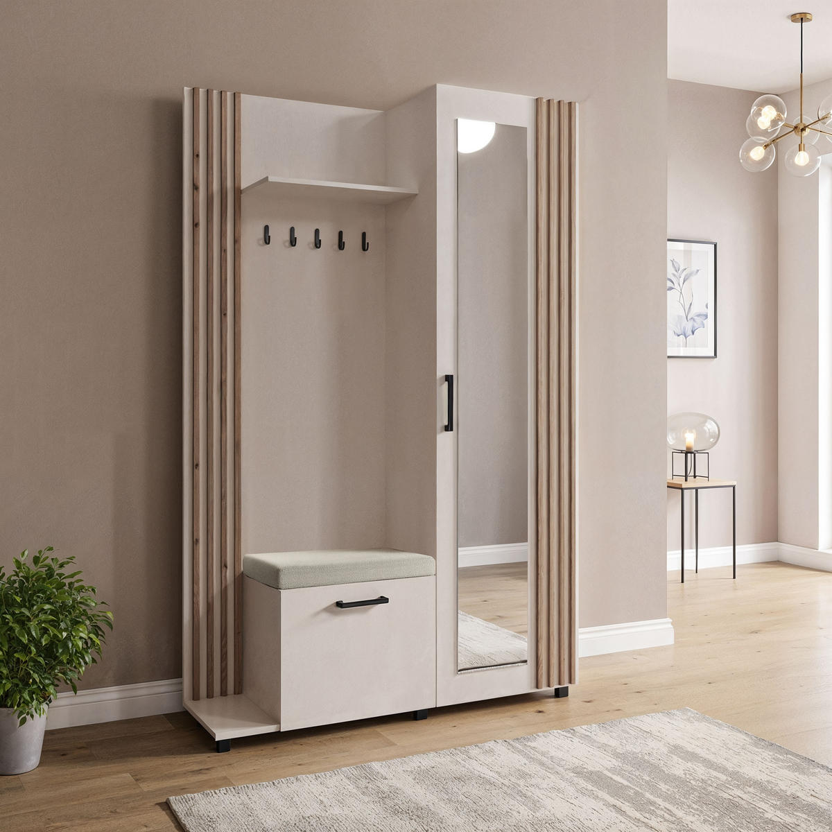 GARDEROBE Linaro mit Spiegel, Sitzbank in Lamellen-Optik 137/207/42 cm, Links - Kaschmir/Schwarz, Holzwerkstoff (137/207/42cm) - WFL GROUP