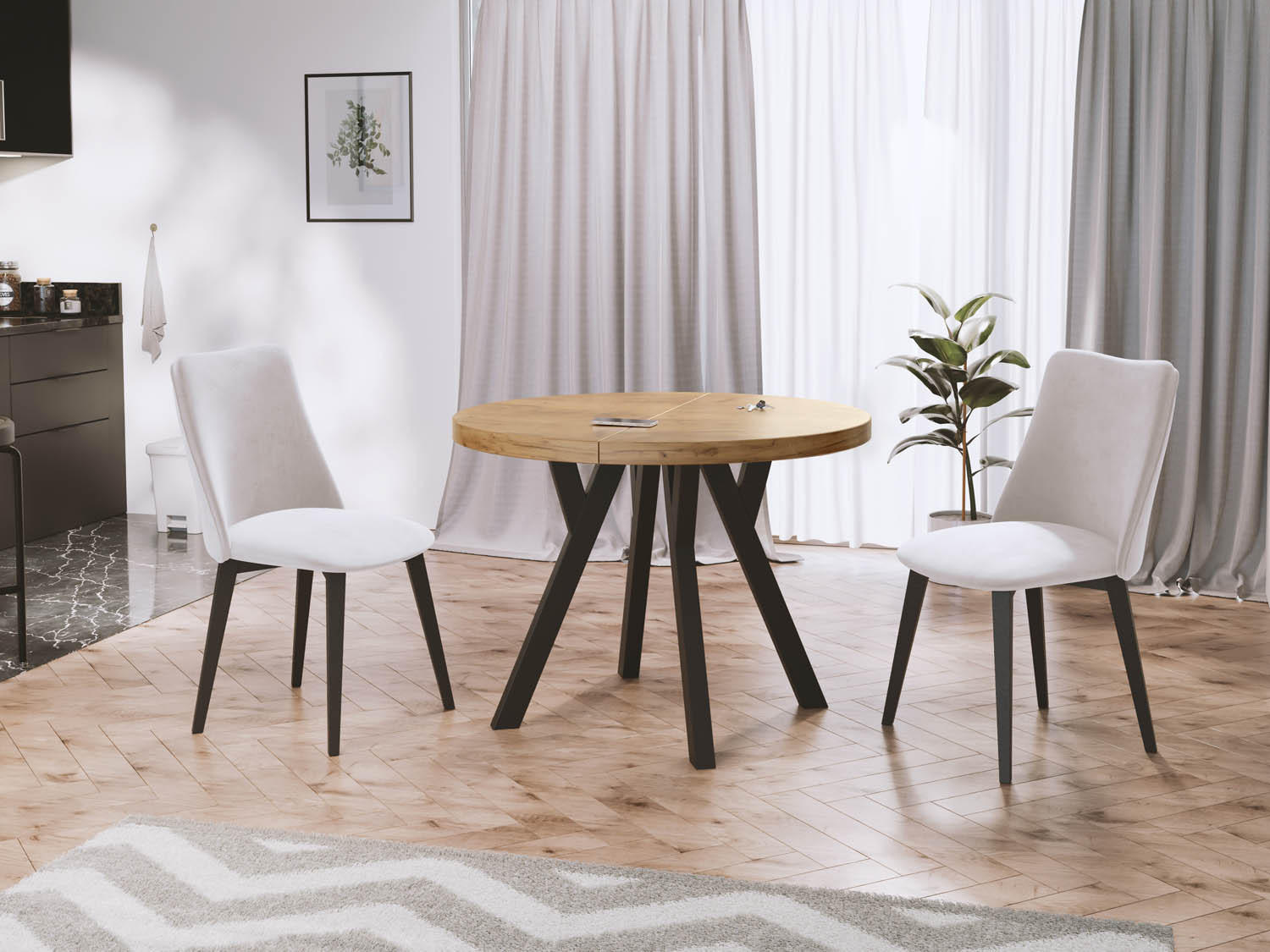 ESSTISCH Twixy runder ausziehbarer, Wotan Eiche 100-150/100/76 cm - Eiche Wotan/Schwarz, Holz/Holzwerkstoff (100/100/76cm) - WFL GROUP