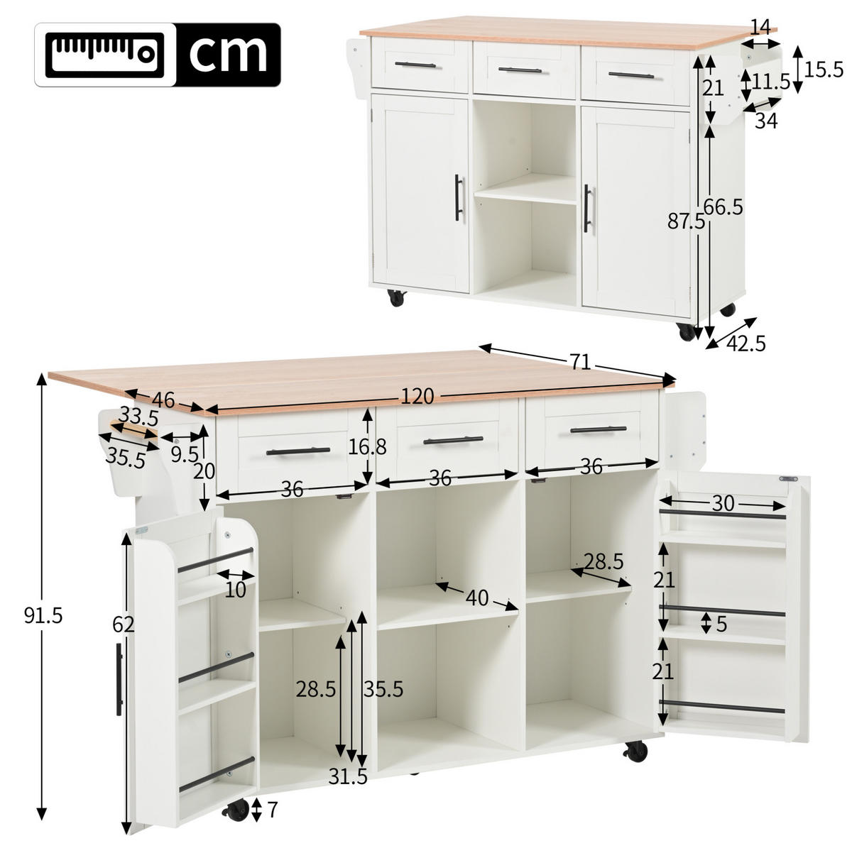 KÜCHENINSEL 139/46(71)/91,5 cm aus MDF mit klappbarer Arbeitsplatte und wechselbaren Füßen Weiß - Weiß, Holzwerkstoff (139/91.5/46cm) - Modenvie