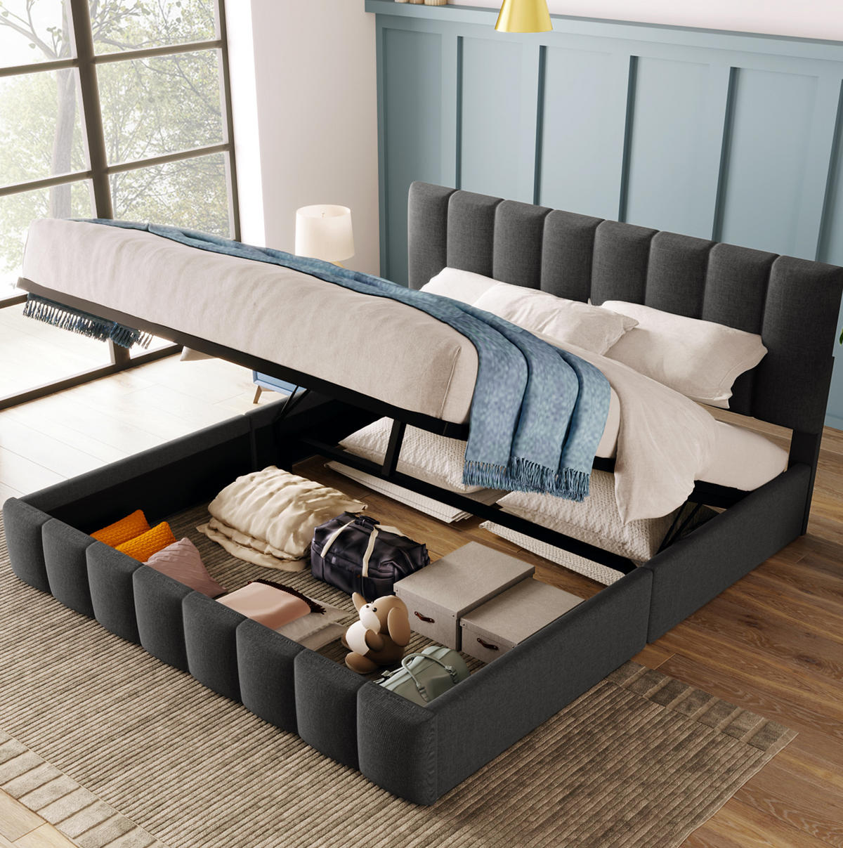 POLSTERBETT 140/200 cm grau aus Leinen mit Stauraum - Grau, Textil (140/200cm) - OKMYHOME