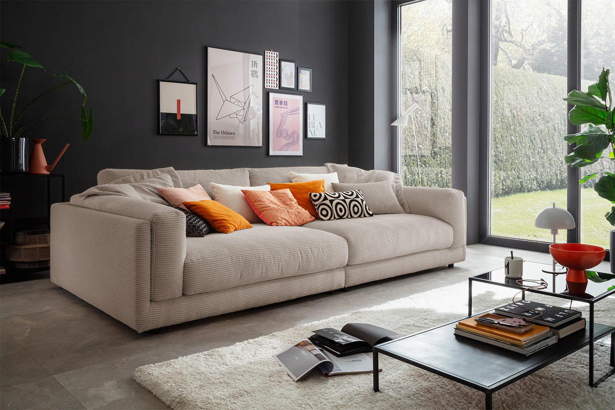 BIG SOFA RAINA Taupe Cord - Taupe/Schwarz, Kunststoff/Textil (254/85/150cm) - KAWOLA