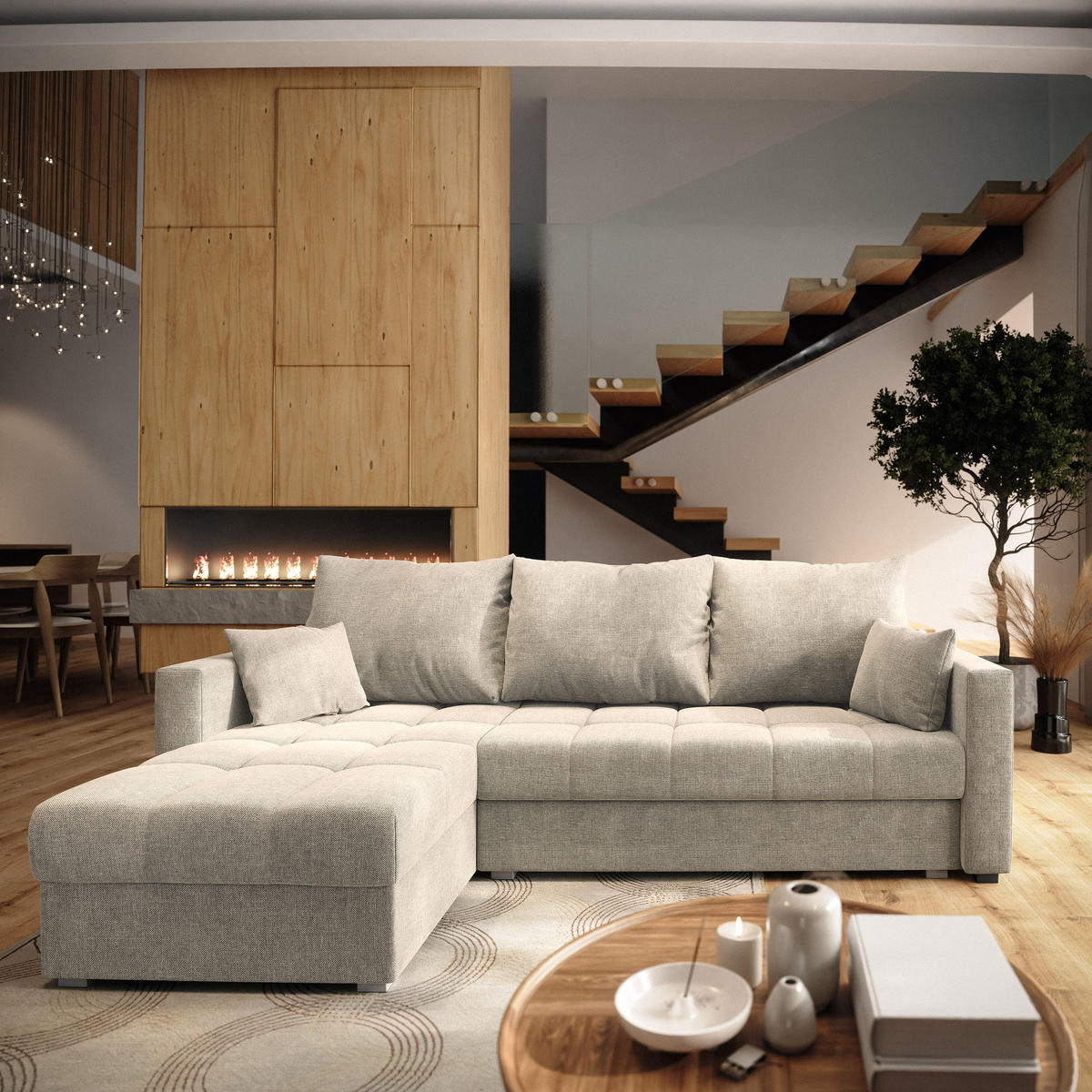 ECKSOFA NIDA Beige Geflochtener Stoff mit Schlaffunktion - Beige, Holz (220/143cm) - MASSENO