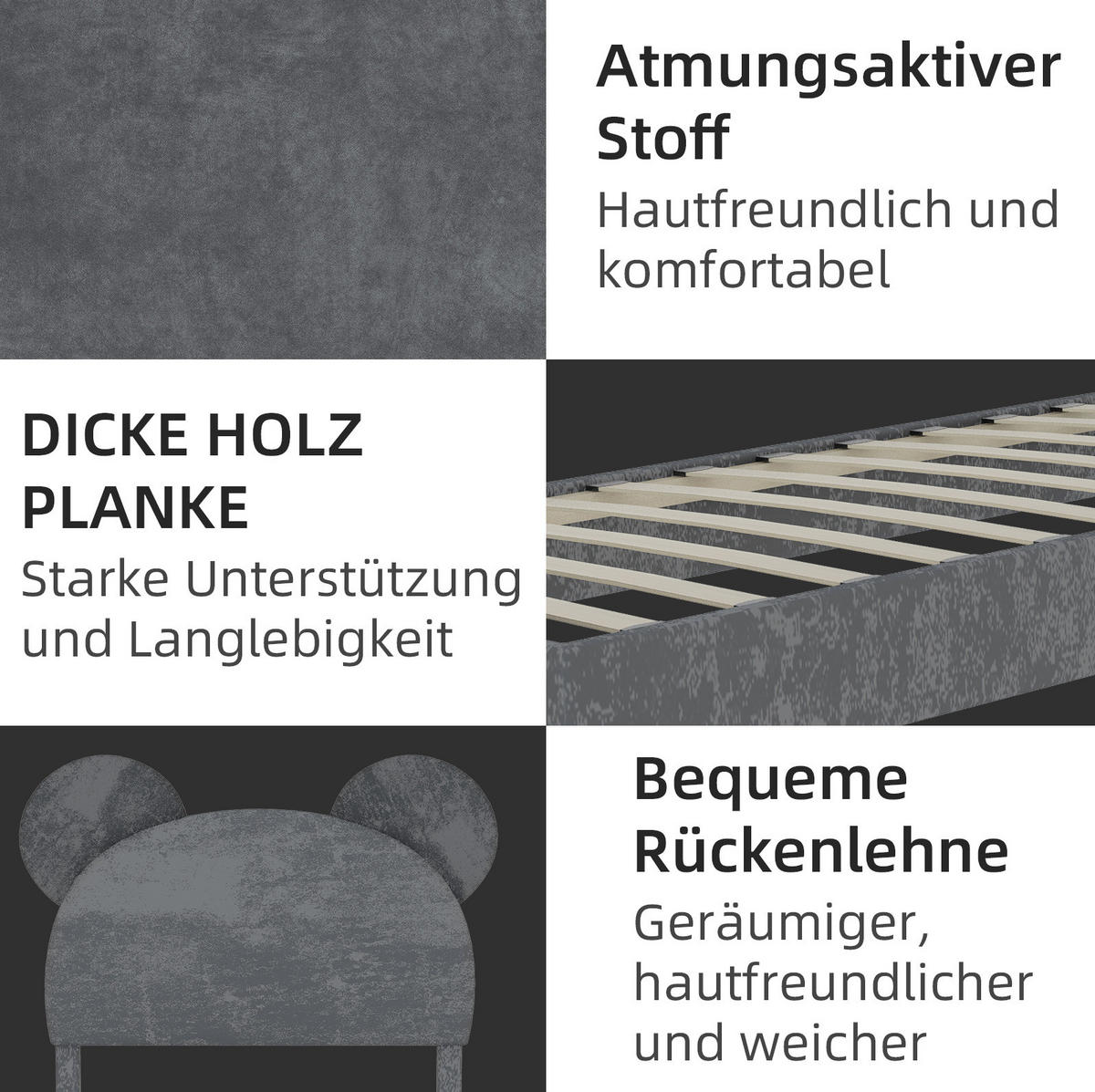 POLSTERBETT 90/200 cm mit hydraulischem Bettkasten, cartoonförmigem Kopfteil und Stoffbezug, Grau - Grau, Textil (90/200cm) - Redom