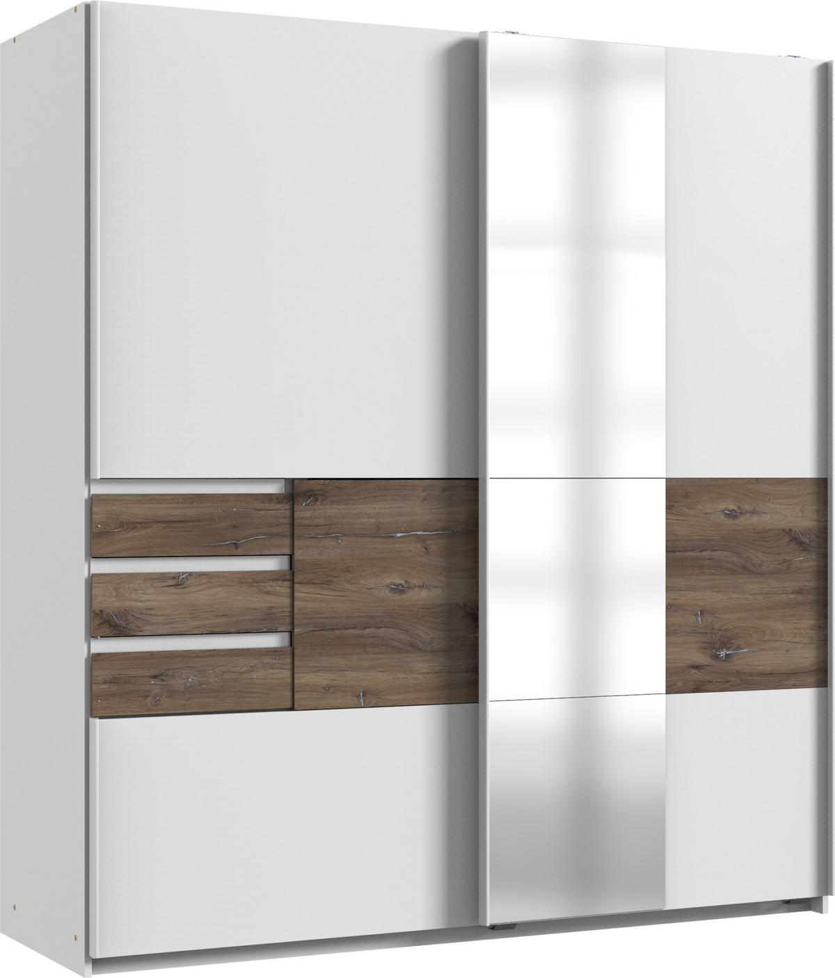 SCHWEBETÜRENSCHRANK Bamberg in Weiß mit Eiche Flagstaff 180 x 198 x 65 cm BxHxT – Kleiderschrank mit Spiegel - Weiß, Holzwerkstoff (80/200/120cm)